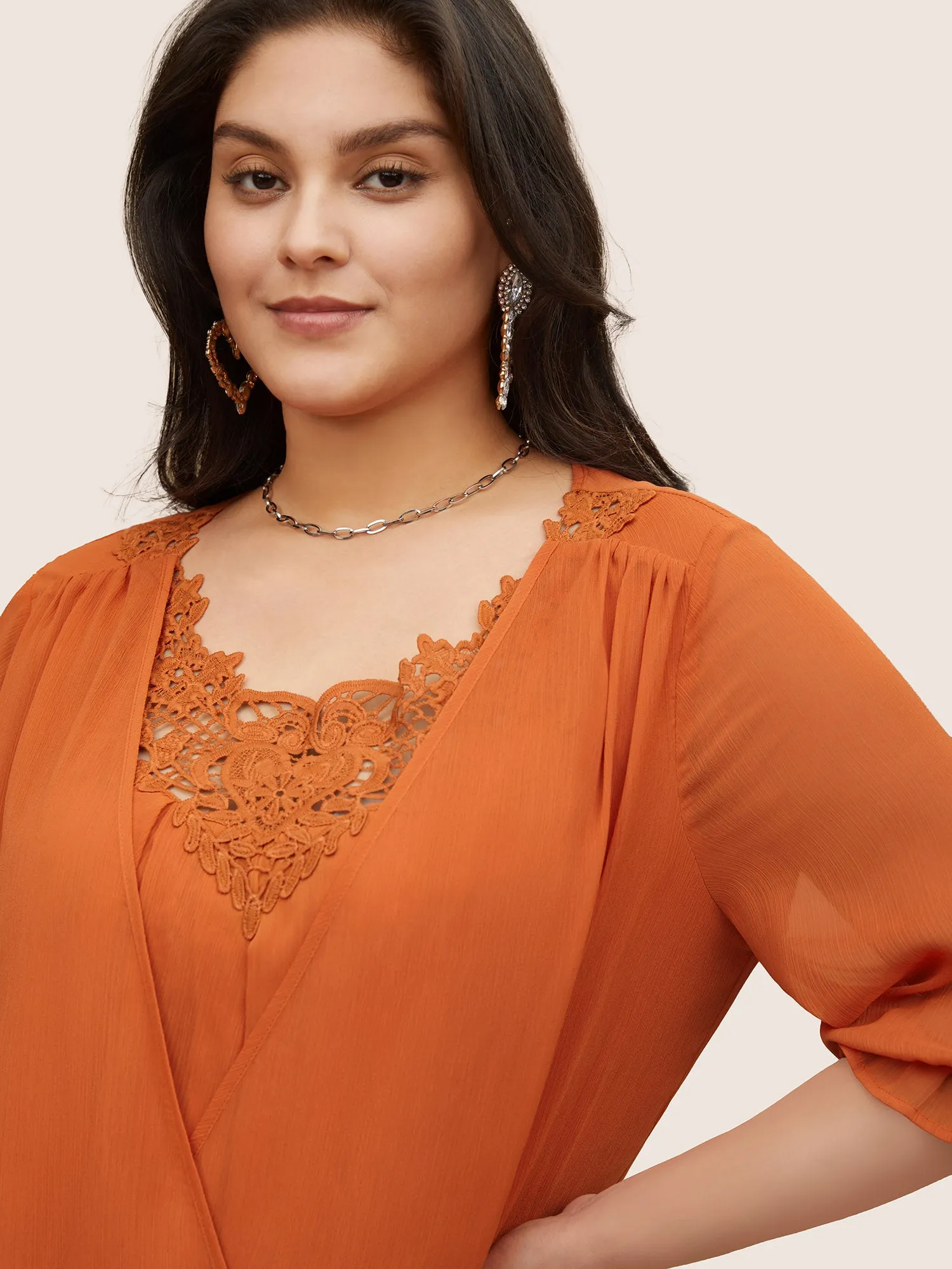 Chiffon Shirred Ruffle Trim Lace Panel Blouse sold by Bloomchic product image thumbnail 3
