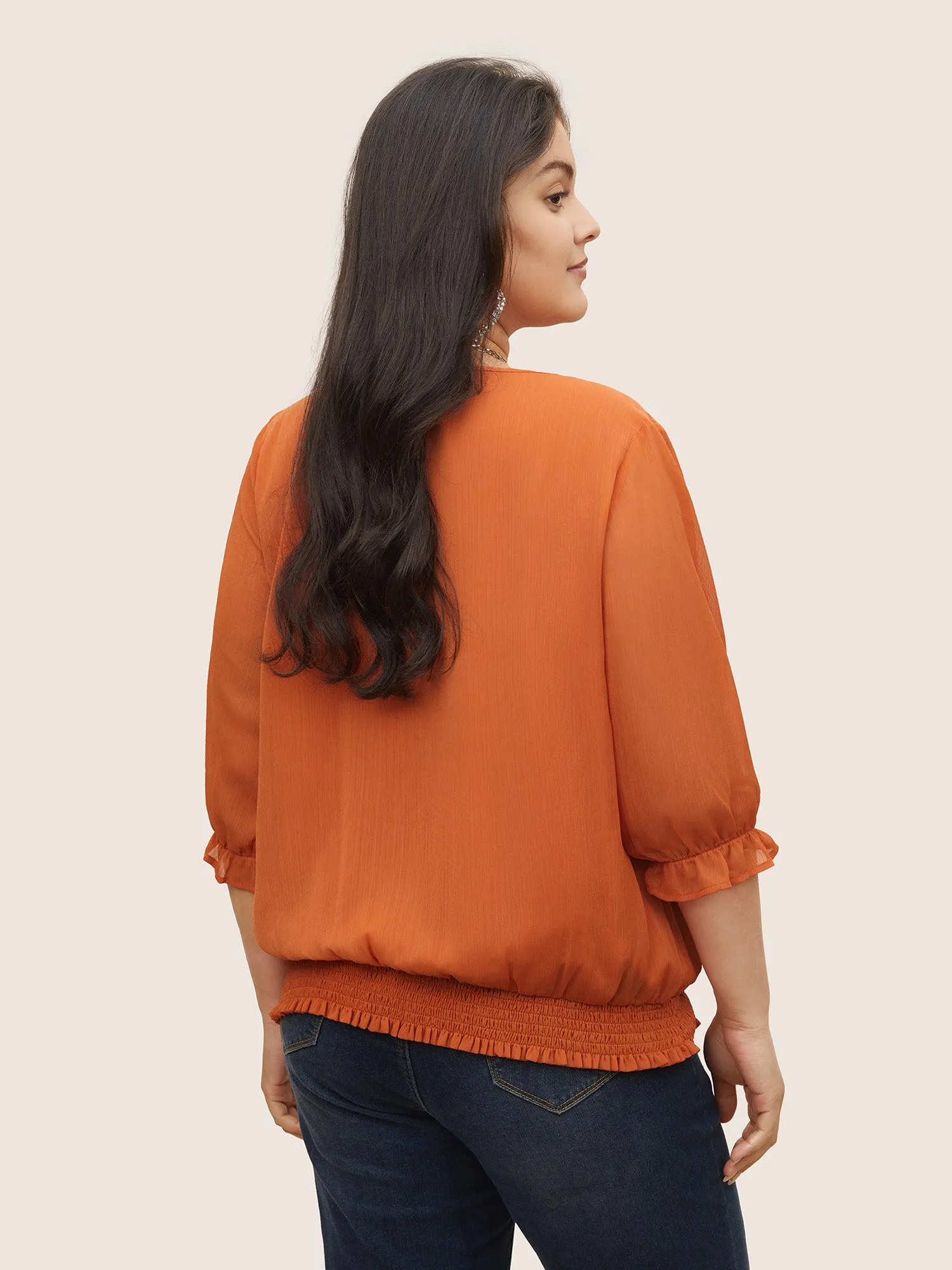 Chiffon Shirred Ruffle Trim Lace Panel Blouse sold by Bloomchic product image thumbnail 4
