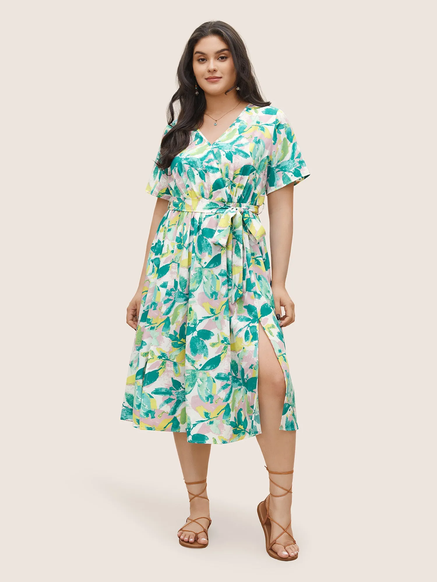 Overlap Collar Plants Print Elastic Waist Belted Dress sold by Bloomchic product image thumbnail 3