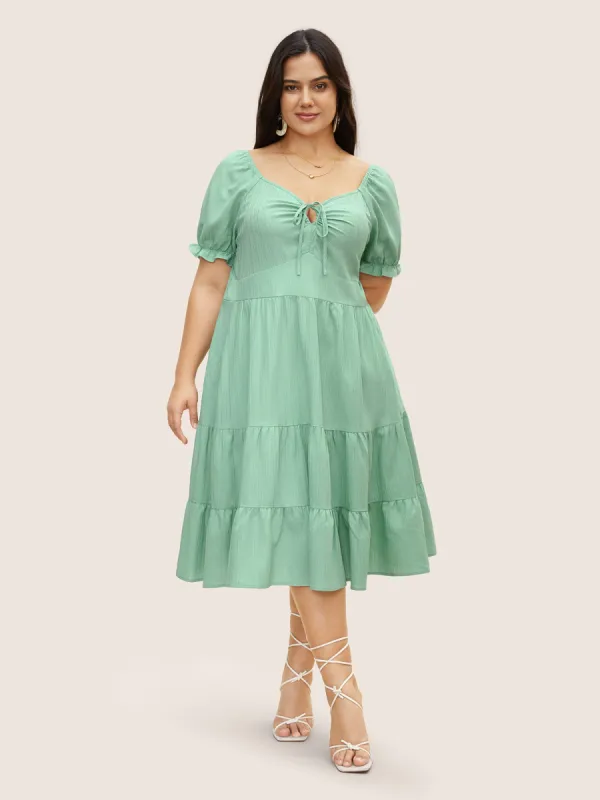 Heart Neckline Drawstring Ruffle Layered Hem Dress sold by Bloomchic
