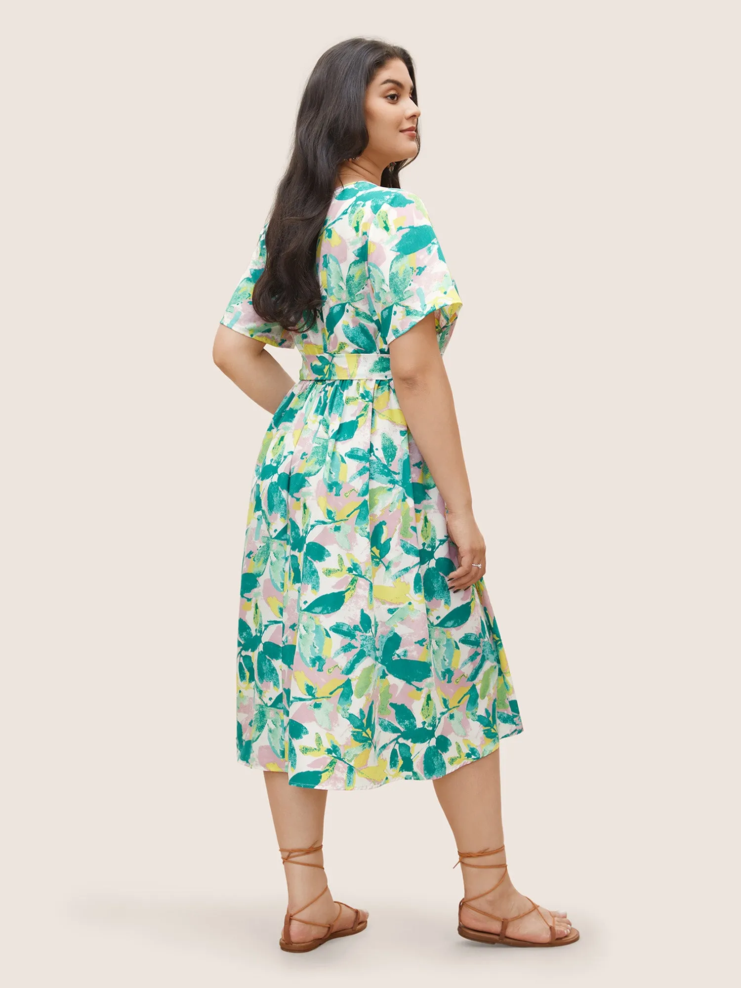 Overlap Collar Plants Print Elastic Waist Belted Dress sold by Bloomchic product image thumbnail 4