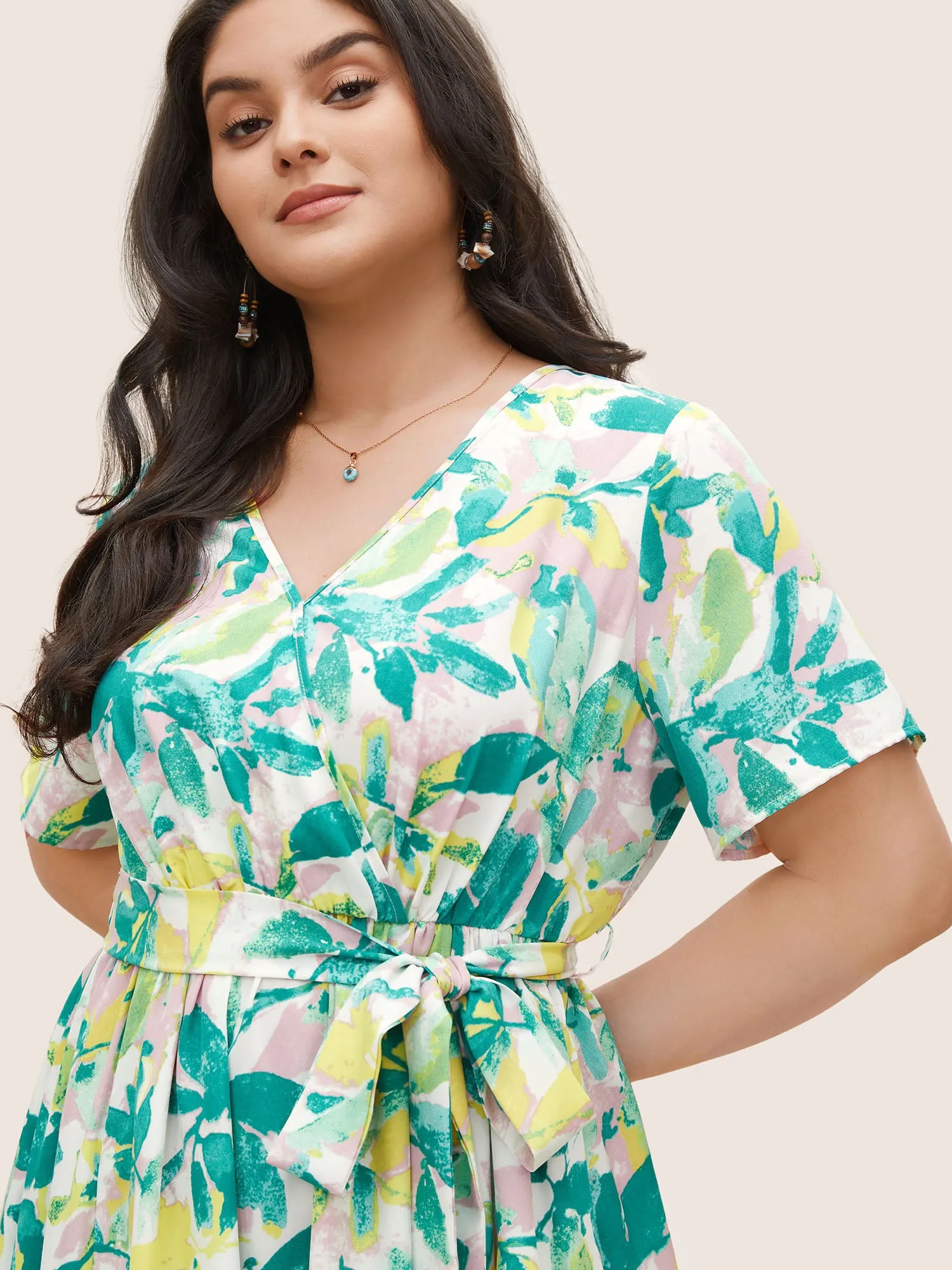 Overlap Collar Plants Print Elastic Waist Belted Dress sold by Bloomchic product image thumbnail 2