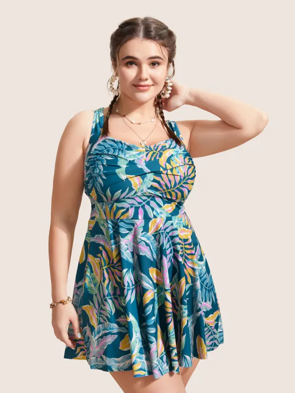 Heart Neckline Tropical Print Twist Front Swim Dress sold by Bloomchic