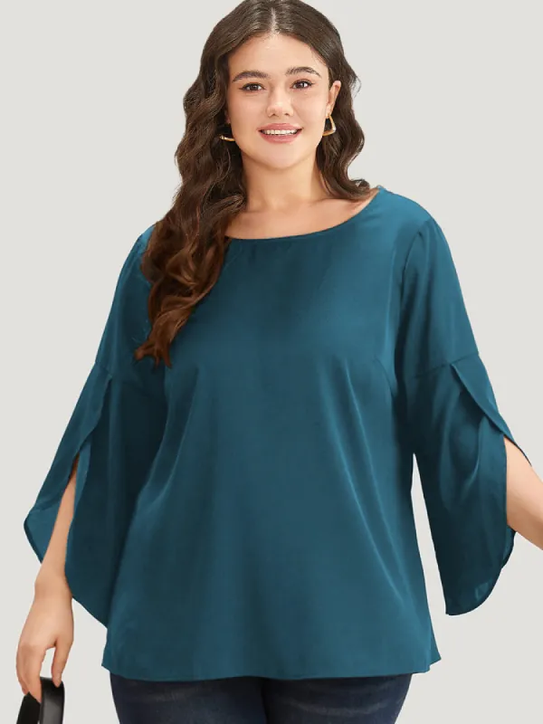 Plain Wrap Flutter Sleeve Crew Neck Blouse sold by Bloomchic
