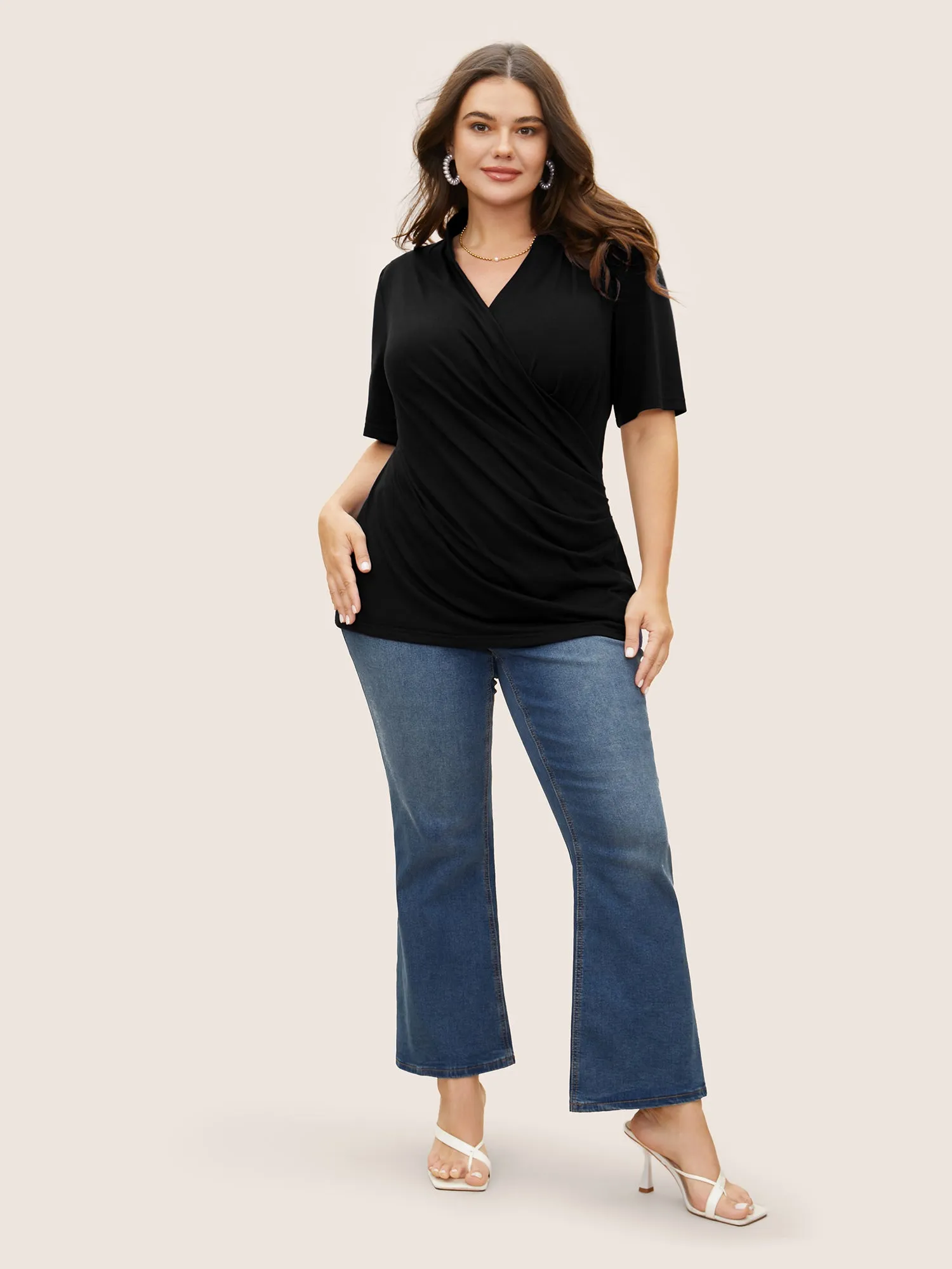 Solid Overlap Collar Gathered Knit T-shirt sold by Bloomchic product image thumbnail 2