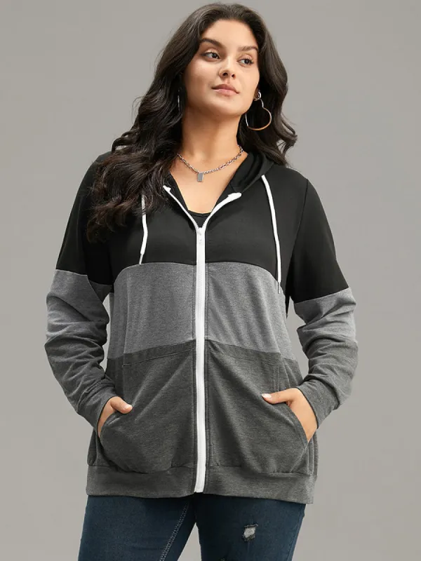 Colorblock Contrast Drawstring Zipper Hooded Sweatshirt sold by Bloomchic