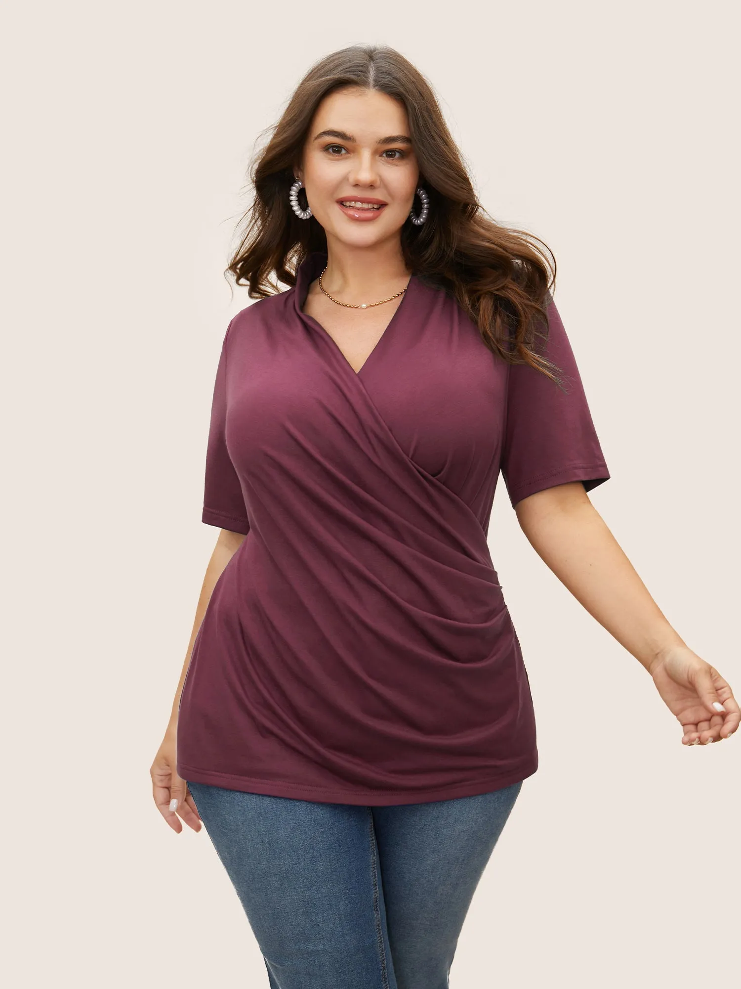 Solid Overlap Collar Gathered Knit T-shirt sold by Bloomchic product image thumbnail 5