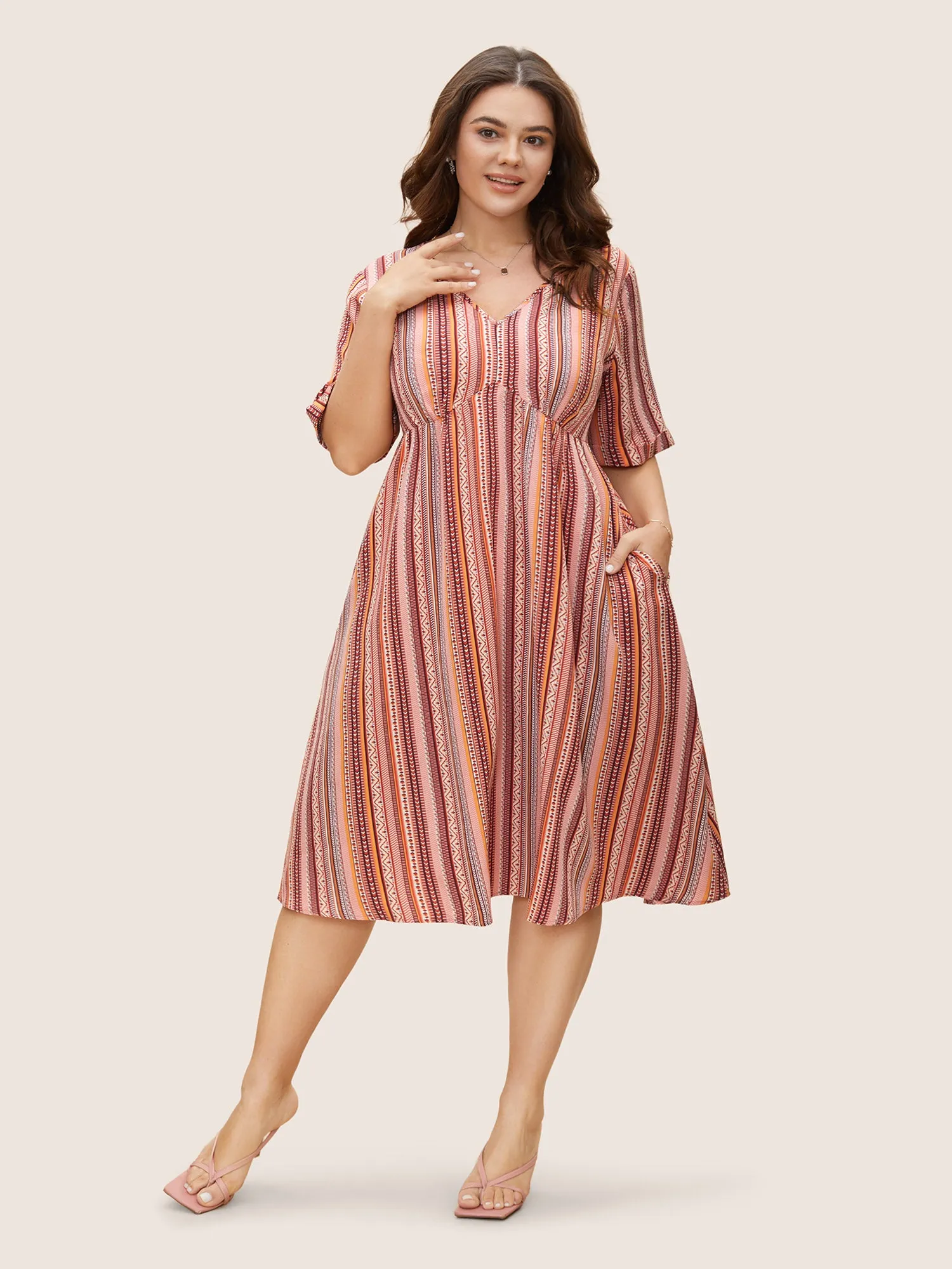 Bandana Striped V Neck Midi Dress sold by Bloomchic