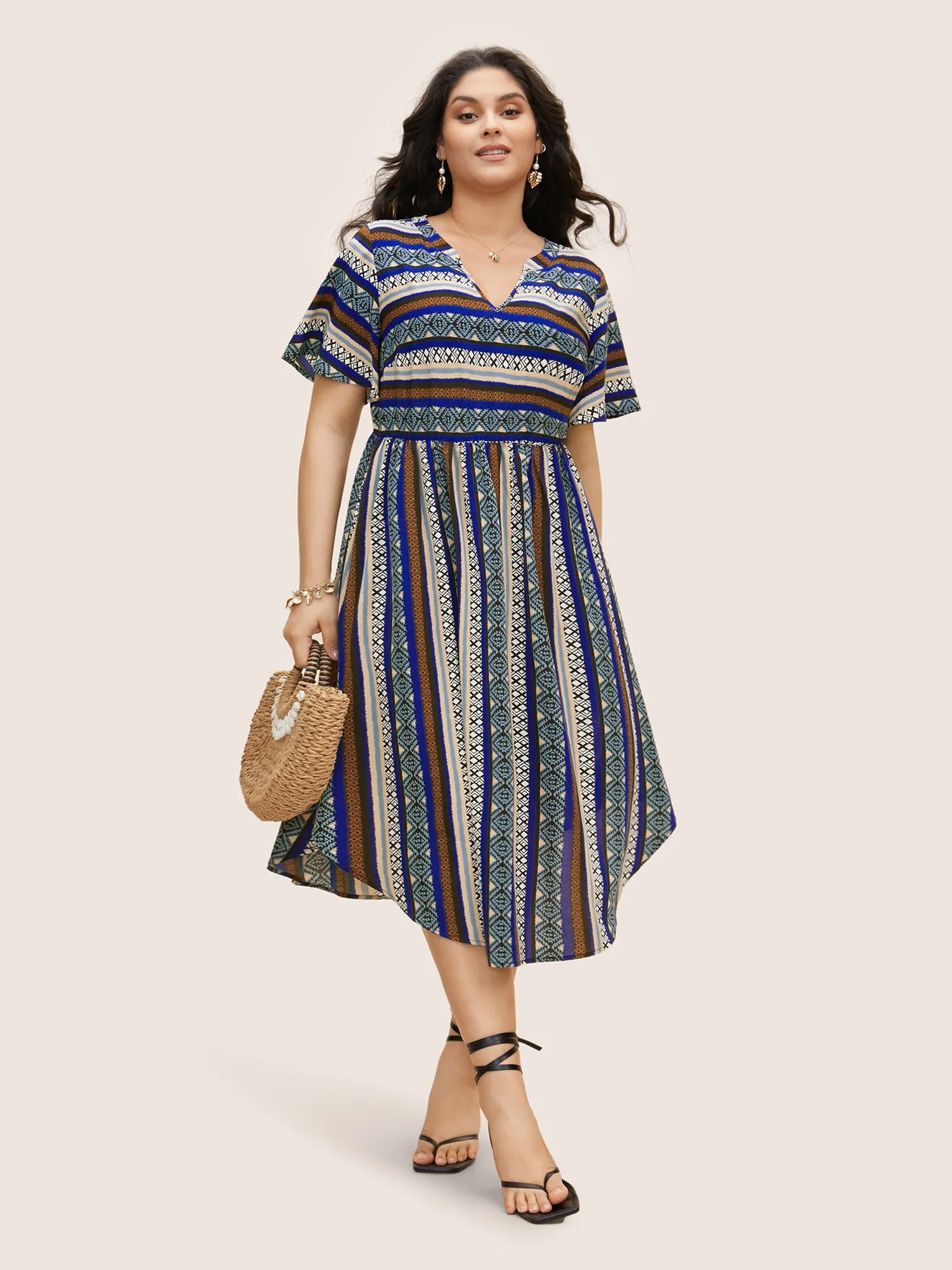 Bandana Striped Curved Hem Ruffle Sleeve Dress sold by Bloomchic product image thumbnail 2