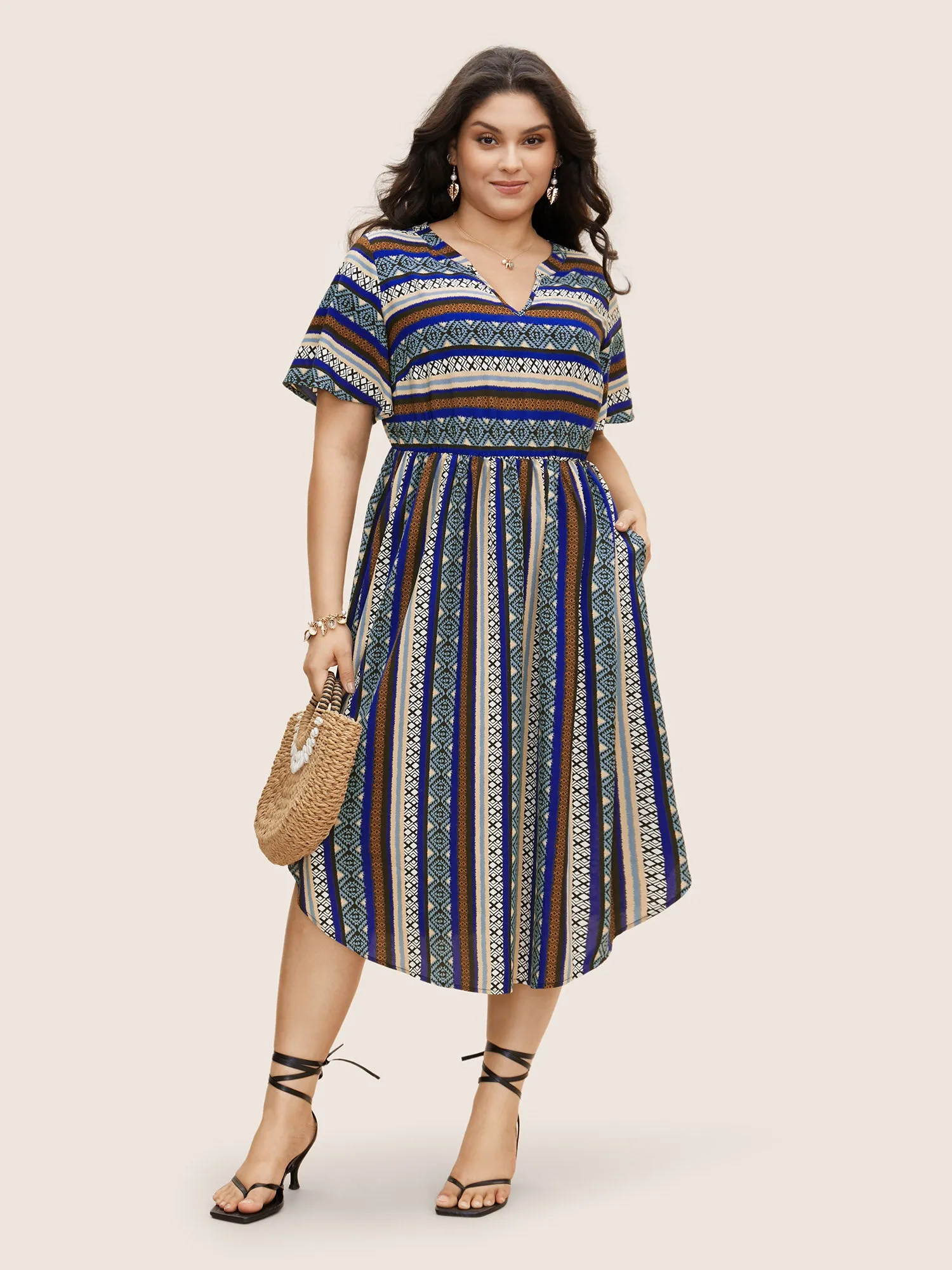 Bandana Striped Curved Hem Ruffle Sleeve Dress sold by Bloomchic