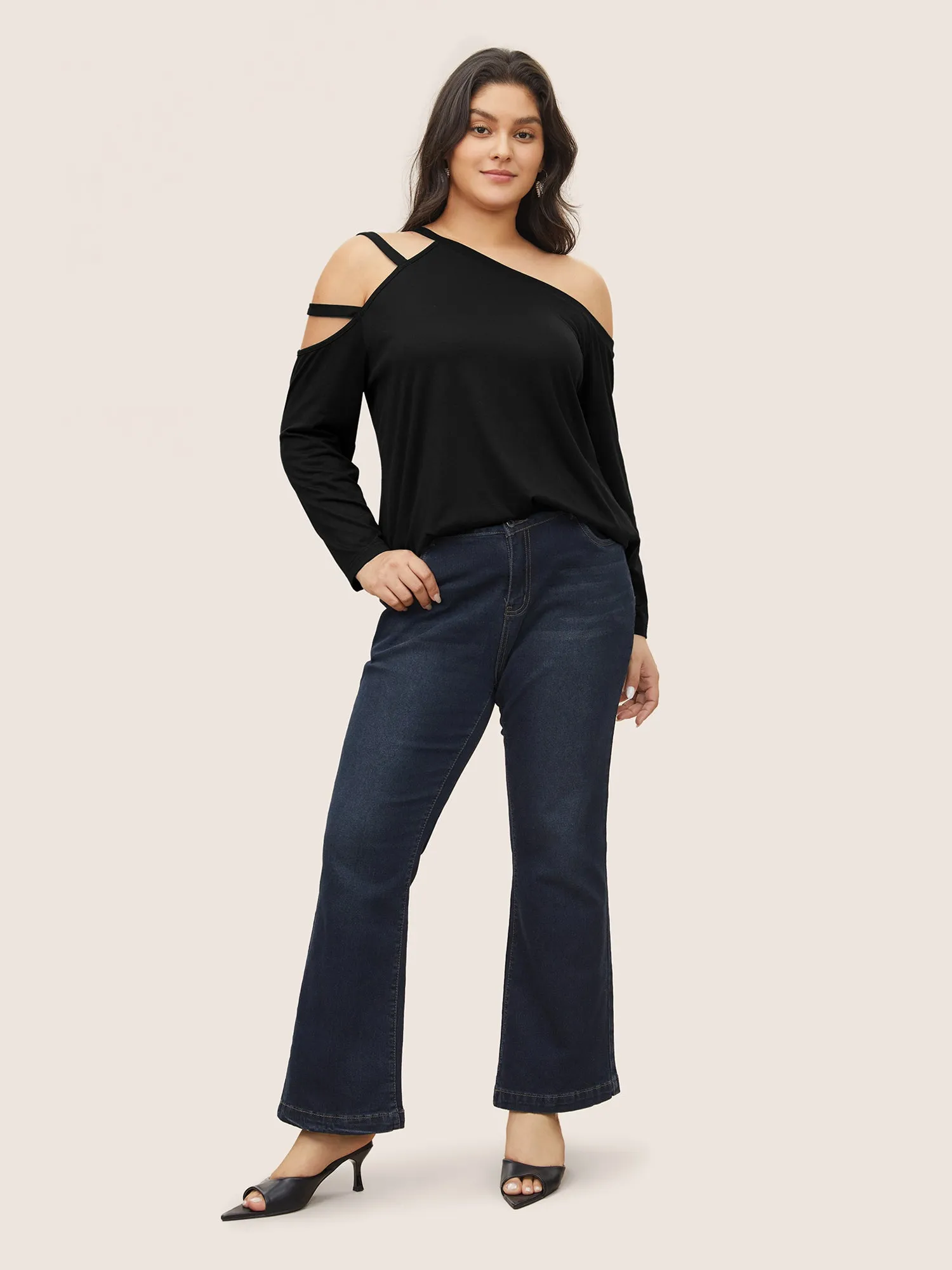 Solid Cold Shoulder Asymmetrical Neck T-shirt sold by Bloomchic product image thumbnail 3