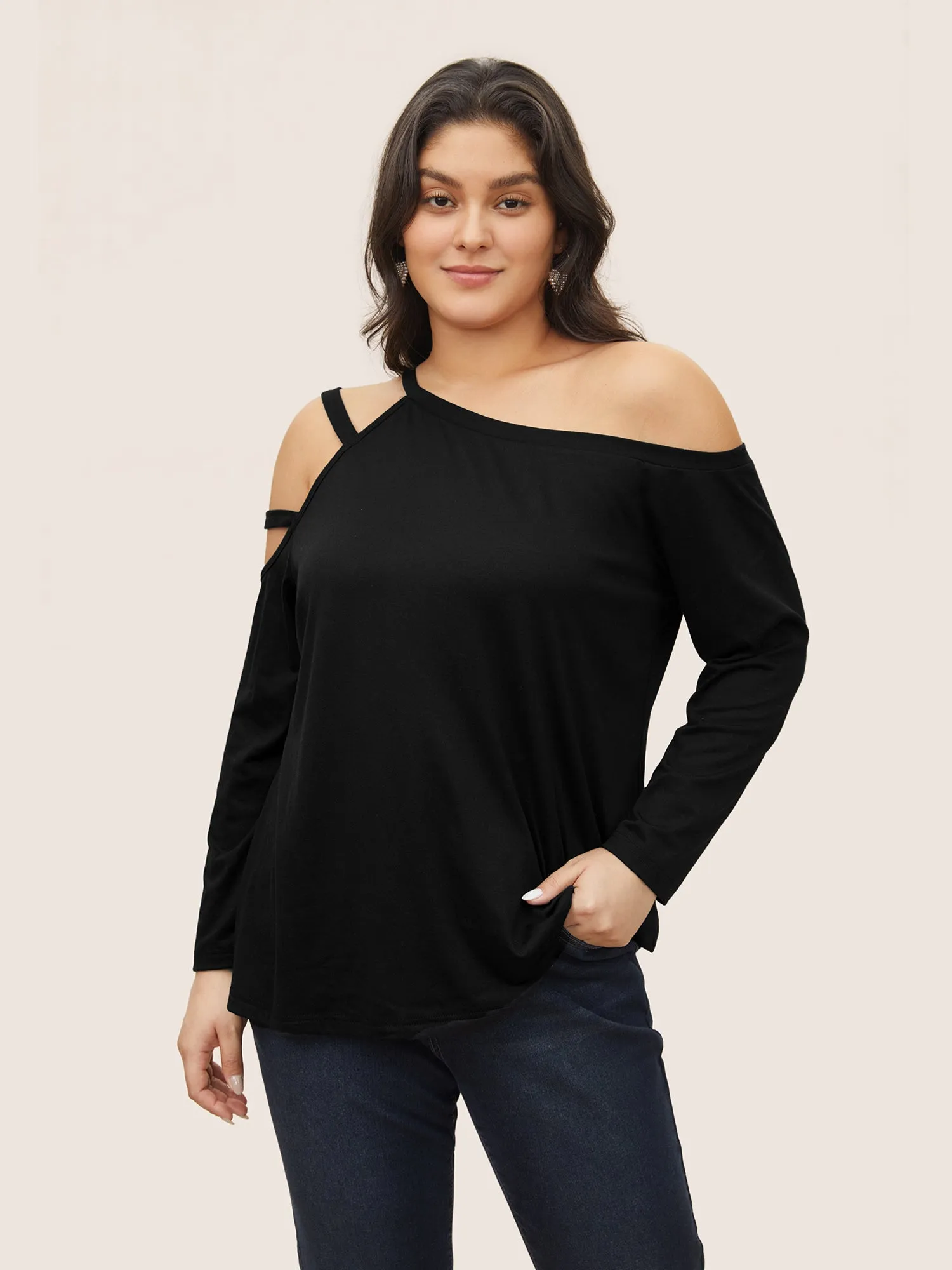 Solid Cold Shoulder Asymmetrical Neck T-shirt sold by Bloomchic
