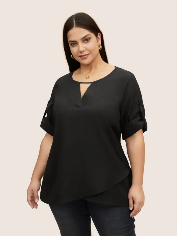 Plain Keyhole Tab Sleeve Blouse sold by Bloomchic