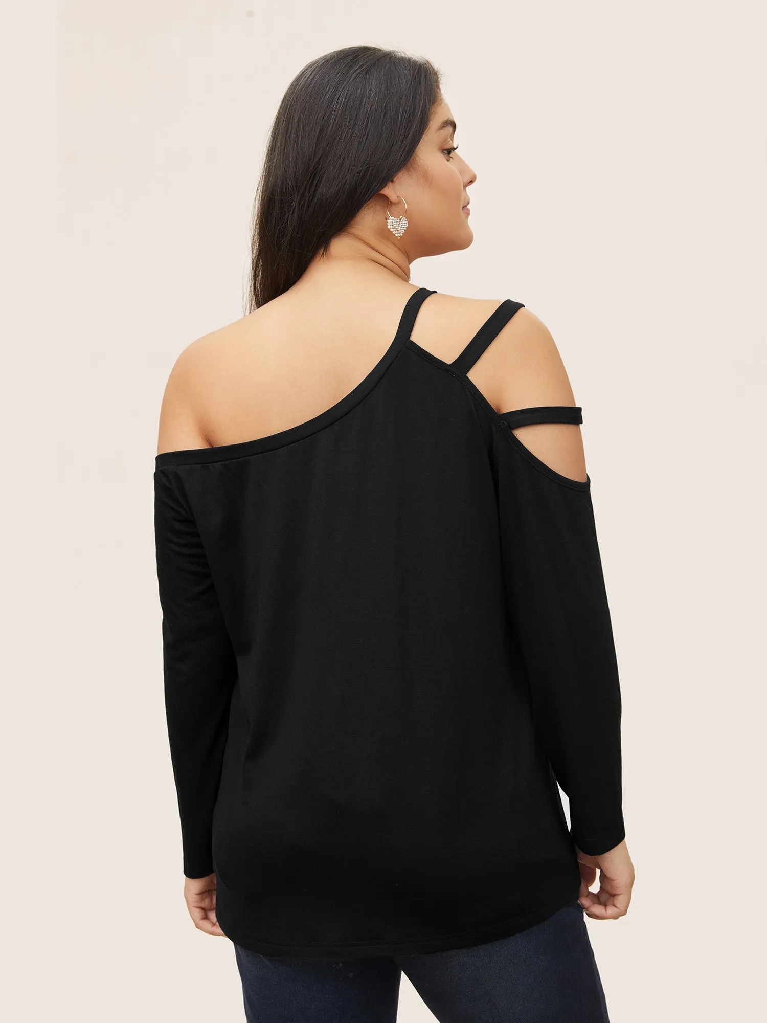 Solid Cold Shoulder Asymmetrical Neck T-shirt sold by Bloomchic product image thumbnail 2