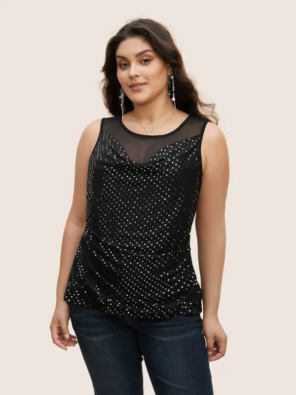 Glitter Cowl Neck Patchwork Mesh Tank Top sold by Bloomchic