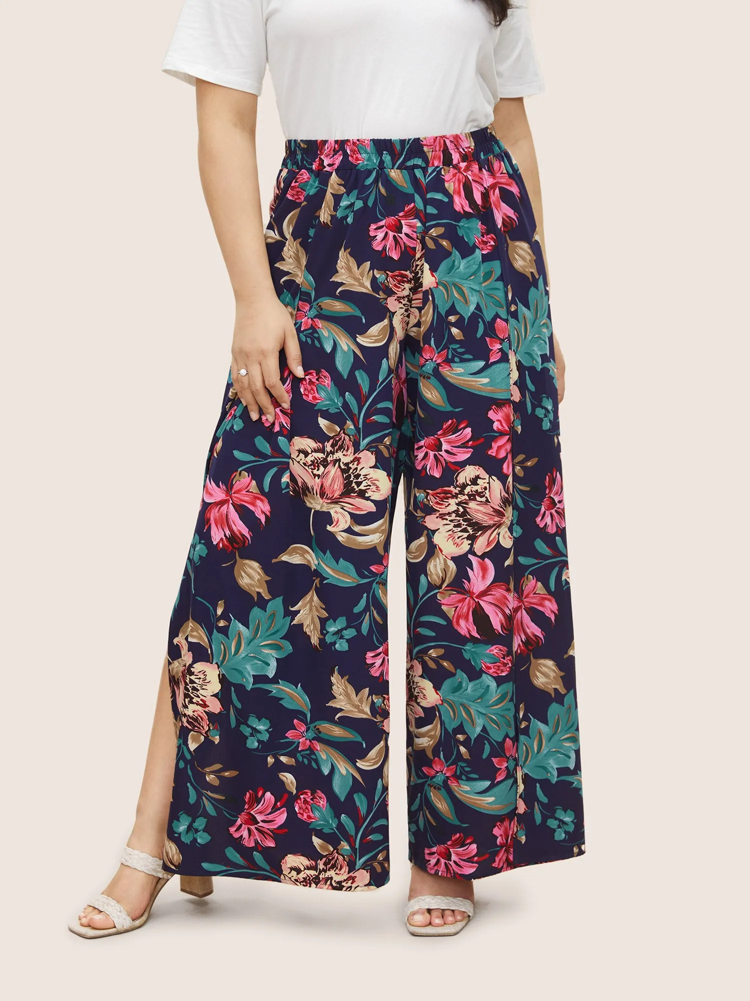 Floral Elastic Waist Split Hem Wide Leg Pants sold by Bloomchic