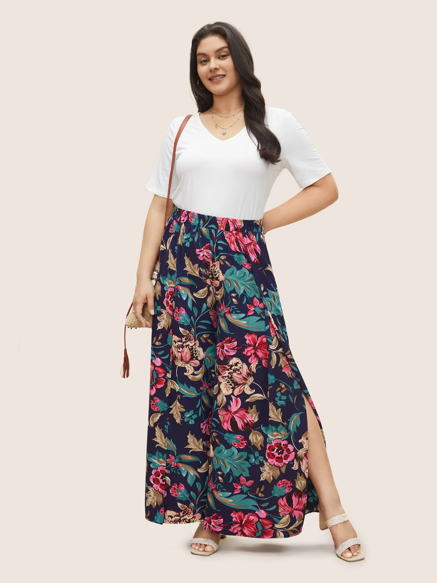 Floral Elastic Waist Split Hem Wide Leg Pants sold by Bloomchic product image thumbnail 3