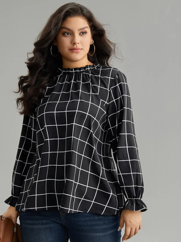 Plaid Stand Collar Ruffles Lantern Sleeve Blouse sold by Bloomchic