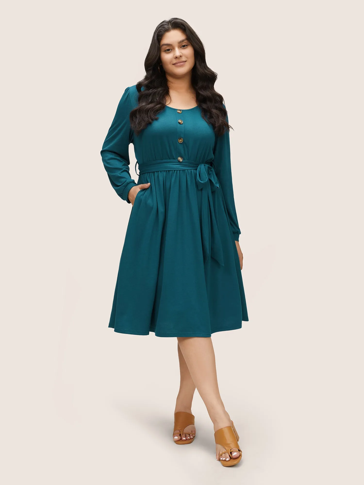 Supersoft Essentials Plain Belted Button Detail Dress sold by Bloomchic