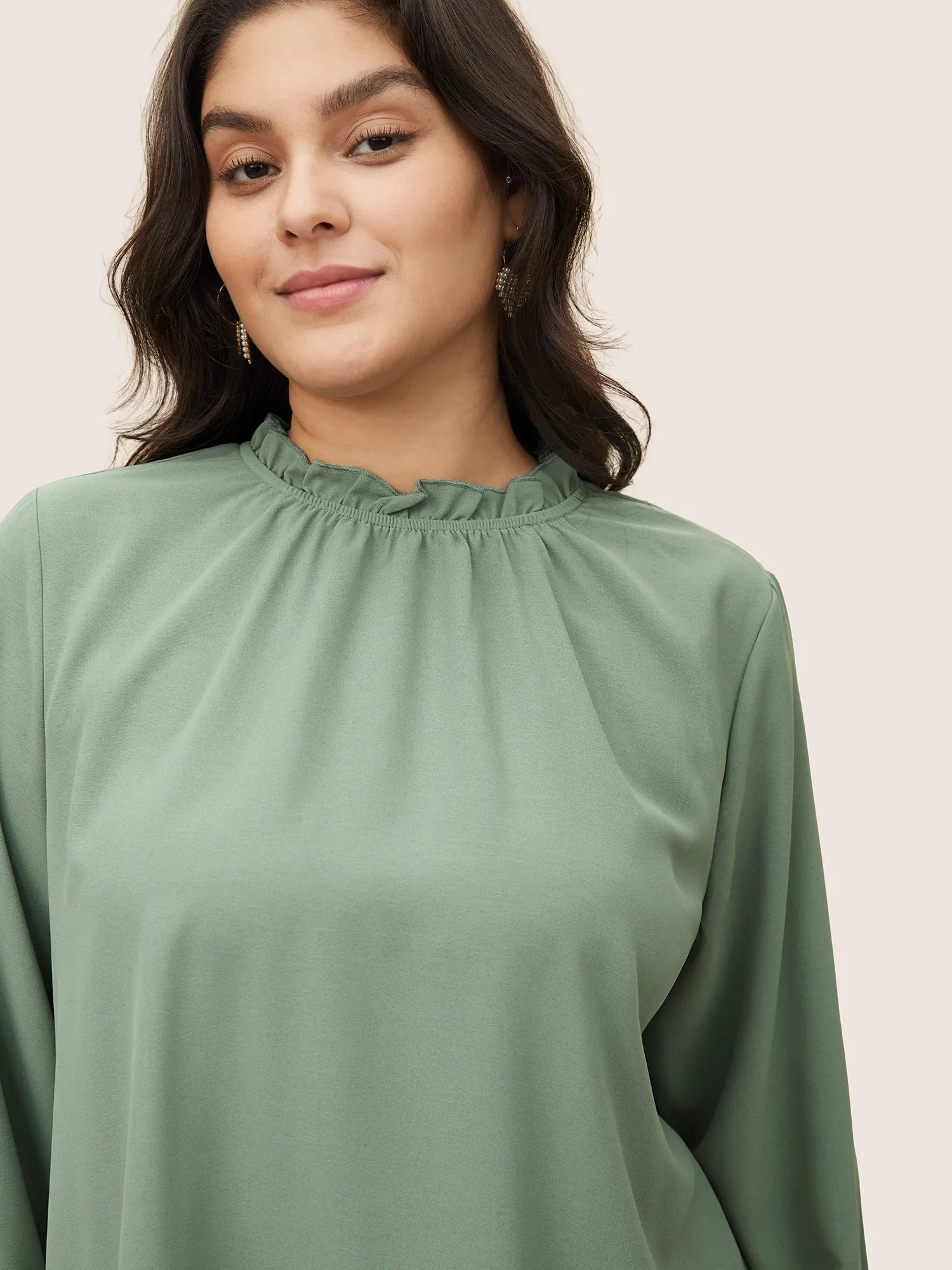 Plain Lantern Sleeve Ruffle Trim Mock Neck Blouse sold by Bloomchic product image thumbnail 3
