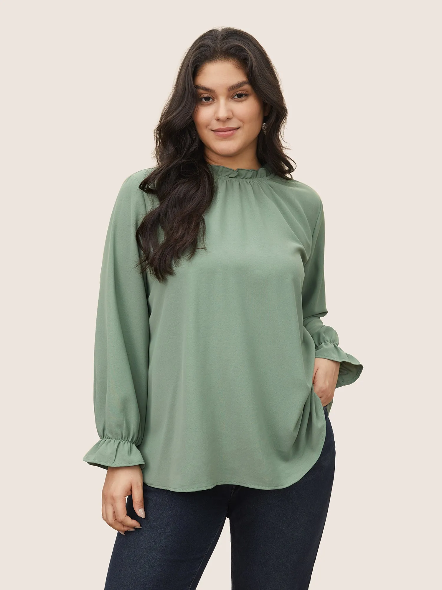 Plain Lantern Sleeve Ruffle Trim Mock Neck Blouse sold by Bloomchic
