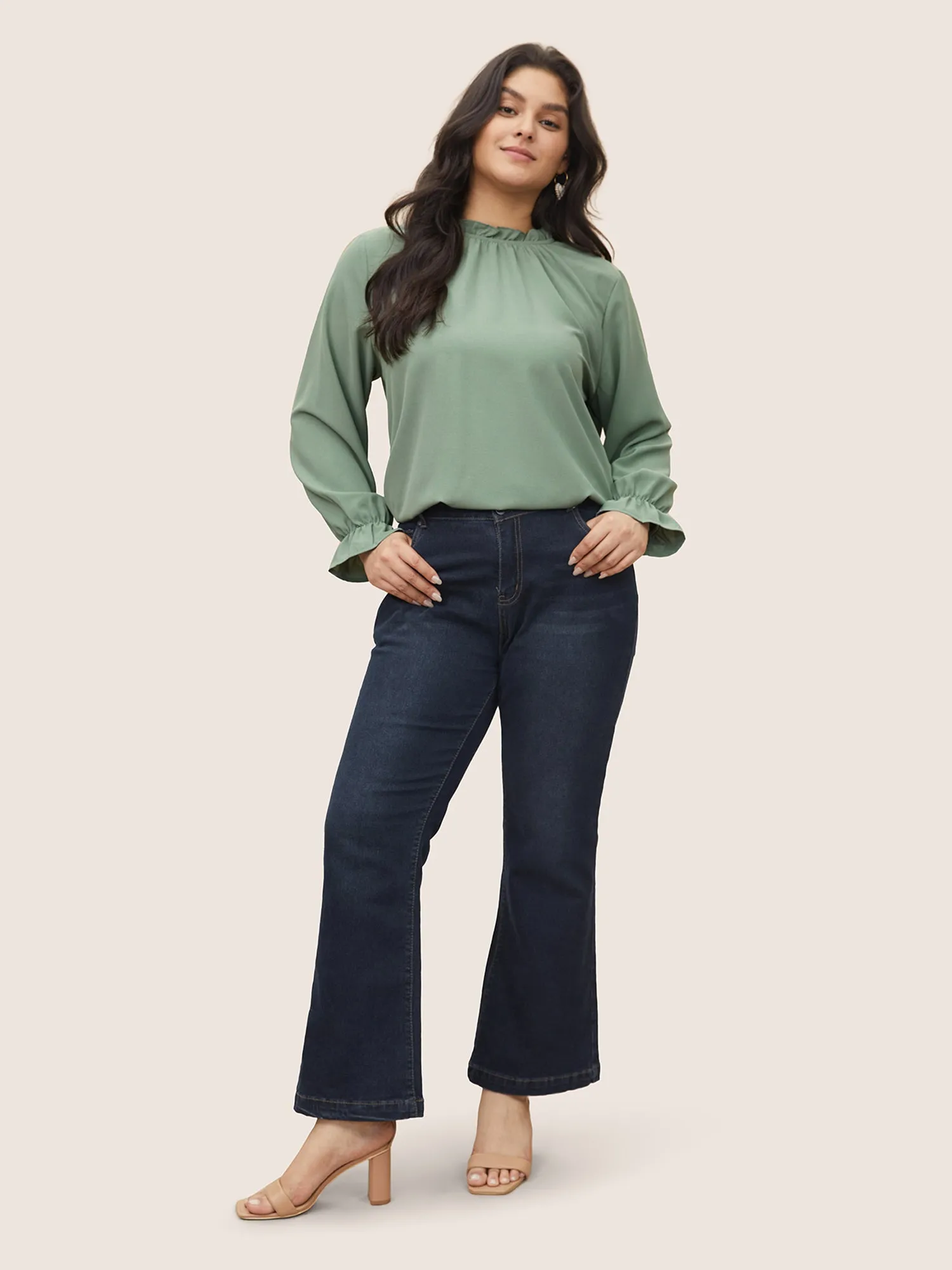 Plain Lantern Sleeve Ruffle Trim Mock Neck Blouse sold by Bloomchic product image thumbnail 2