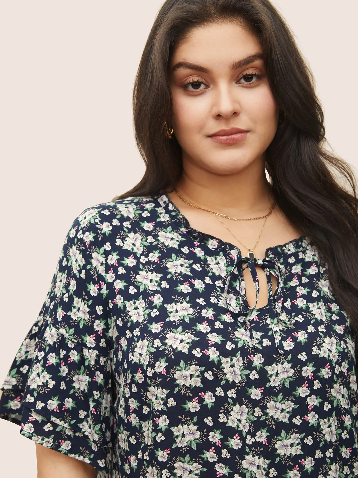 Floral Print Cross Straps Frill Trim Blouse sold by Bloomchic product image thumbnail 3