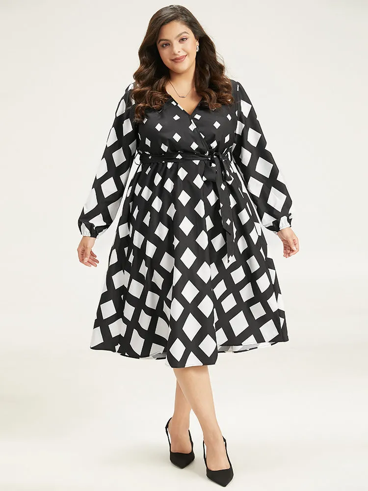 Geometric Print Belted Lantern Sleeve Dress sold by Bloomchic product image thumbnail 4