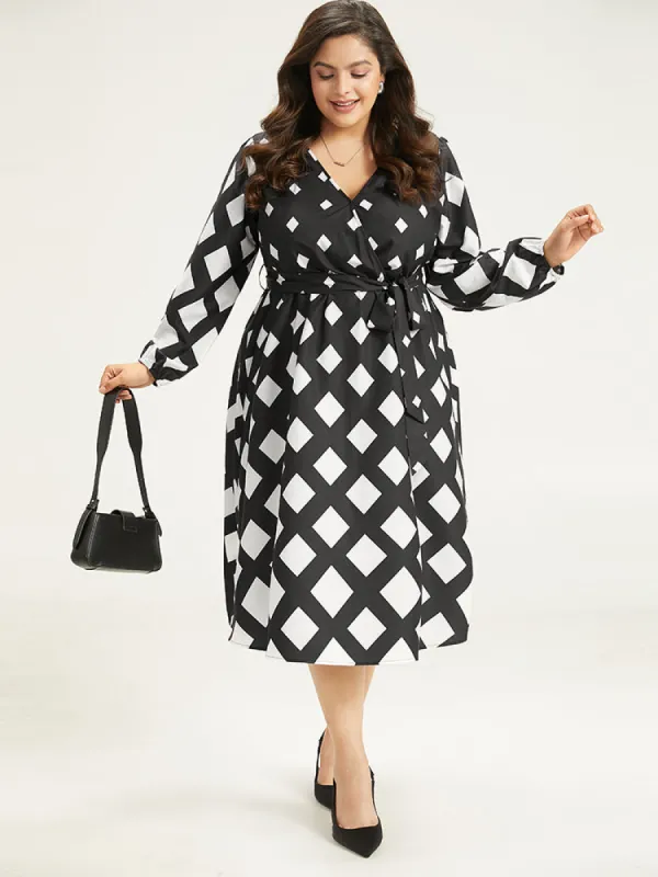 Geometric Print Belted Lantern Sleeve Dress sold by Bloomchic
