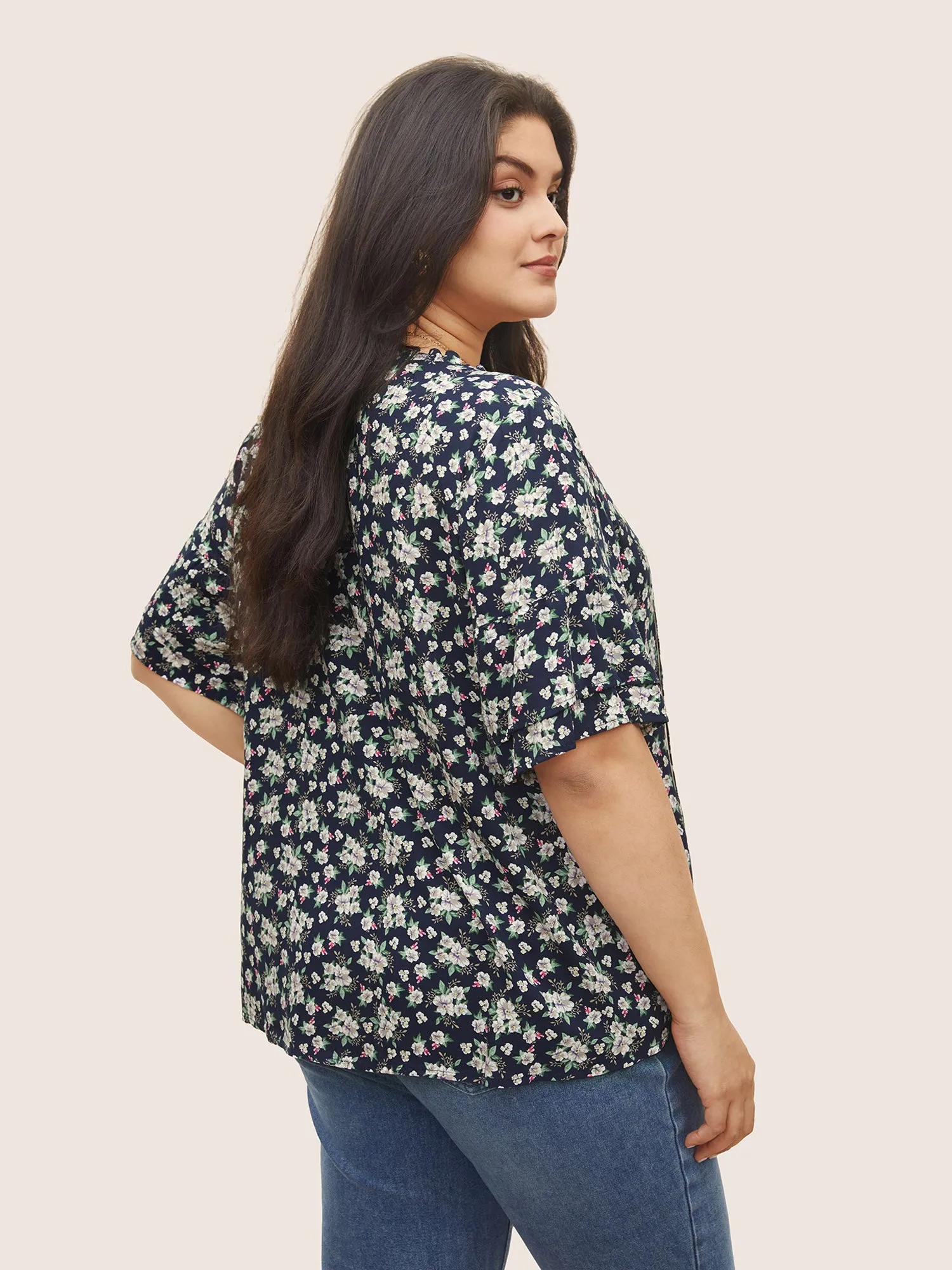 Floral Print Cross Straps Frill Trim Blouse sold by Bloomchic product image thumbnail 4