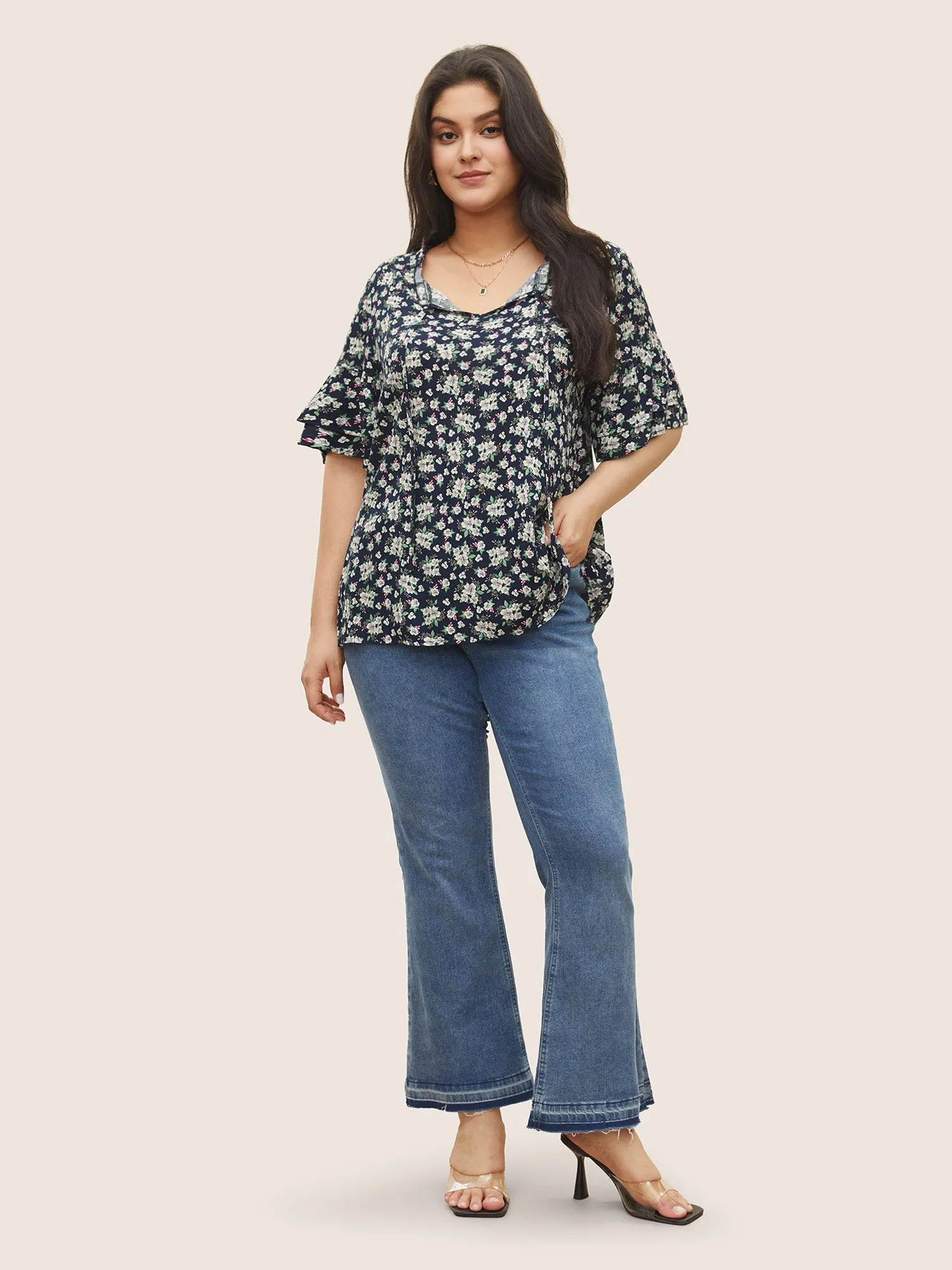 Floral Print Cross Straps Frill Trim Blouse sold by Bloomchic product image thumbnail 2