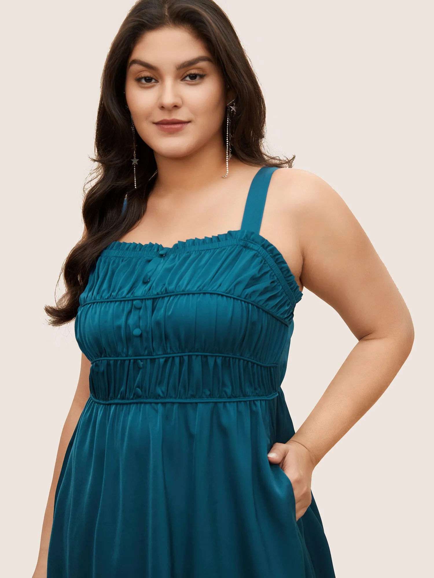Satin Solid Gathered Button Detail Cami Dress sold by Bloomchic product image thumbnail 4