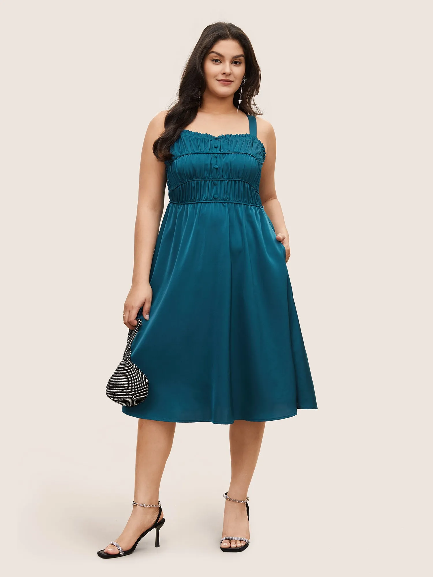 Satin Solid Gathered Button Detail Cami Dress sold by Bloomchic