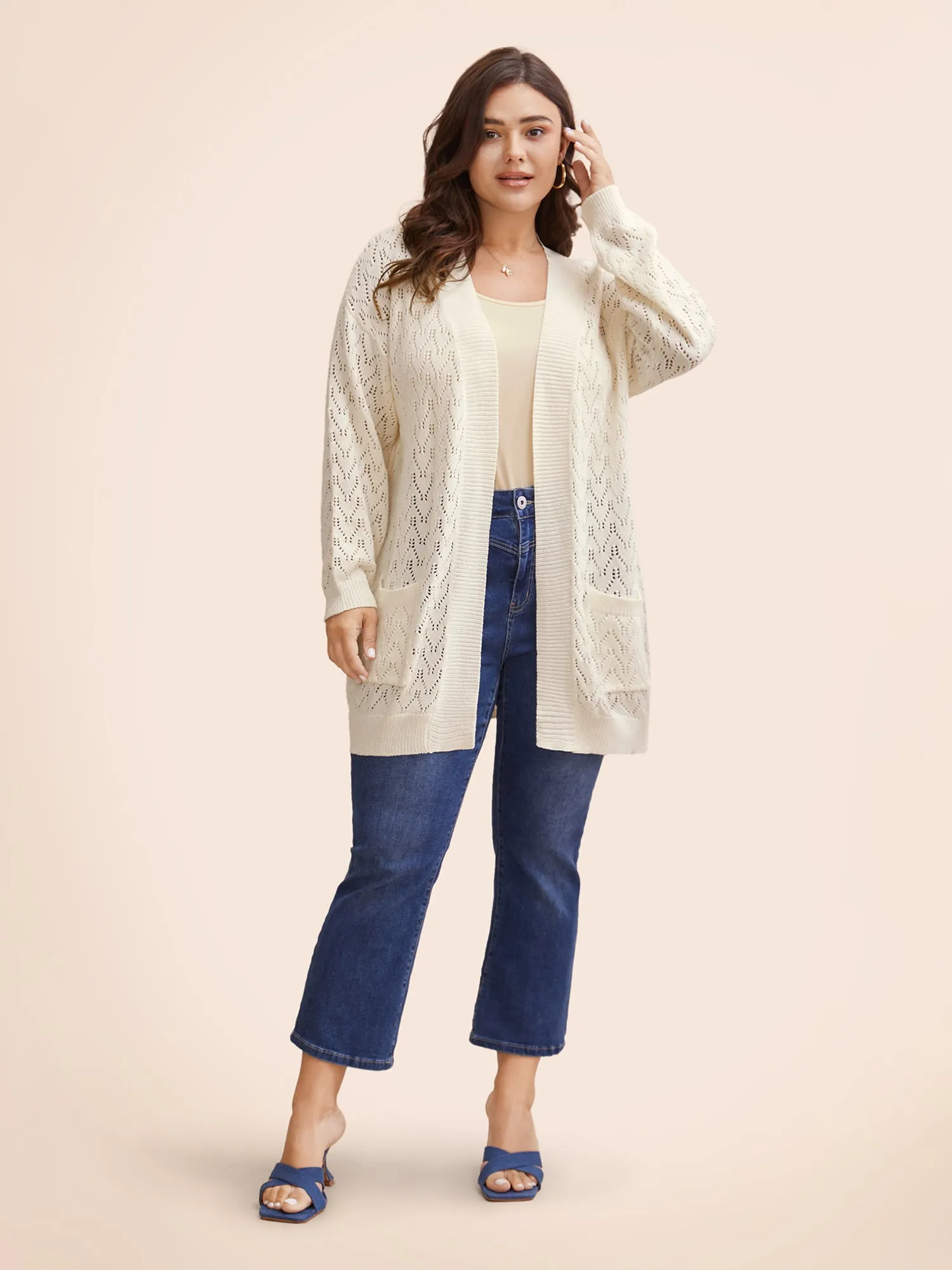 Kimono Collar Patch Pocket Pointelle Knit Cardigan sold by Bloomchic product image thumbnail 3