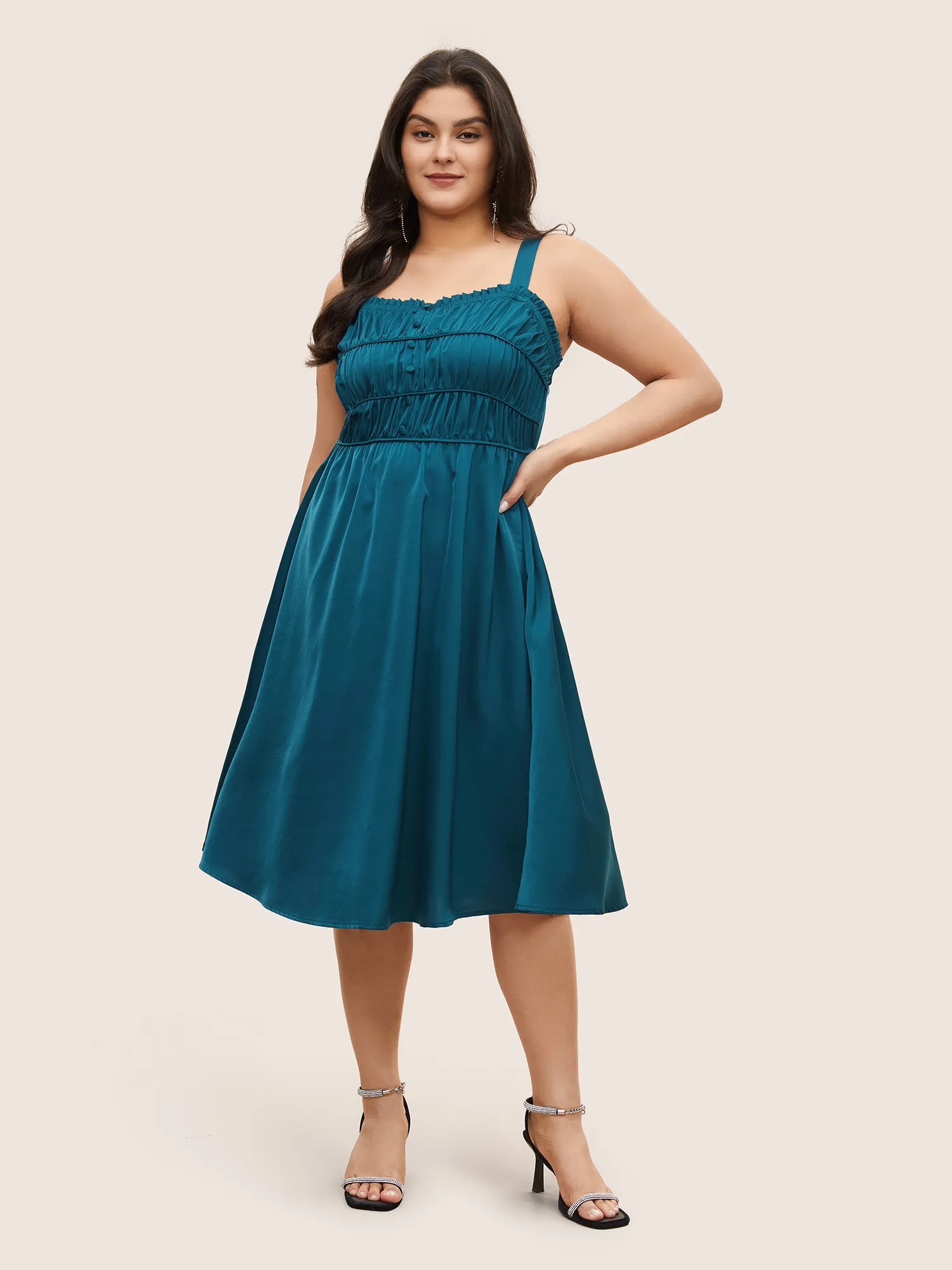 Satin Solid Gathered Button Detail Cami Dress sold by Bloomchic product image thumbnail 2