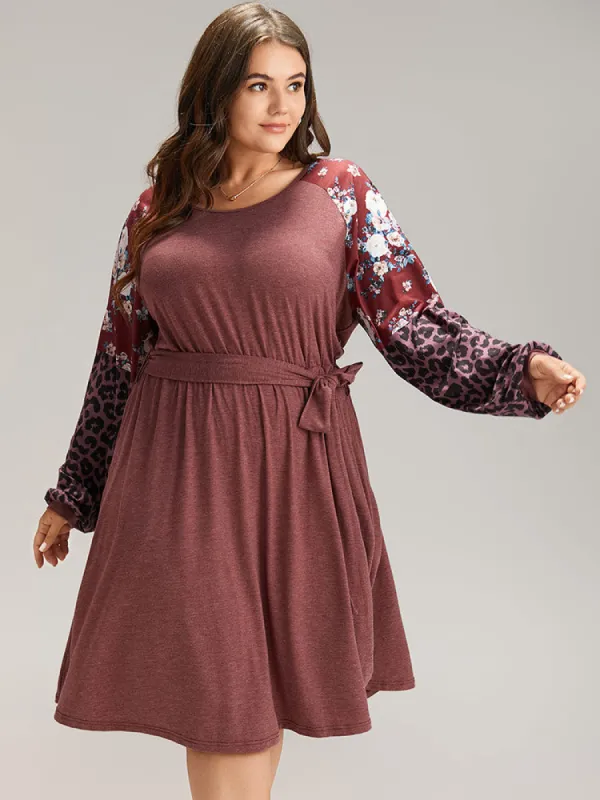 Floral Leopard Patchwork Belted Lantern Sleeve Dress sold by Bloomchic