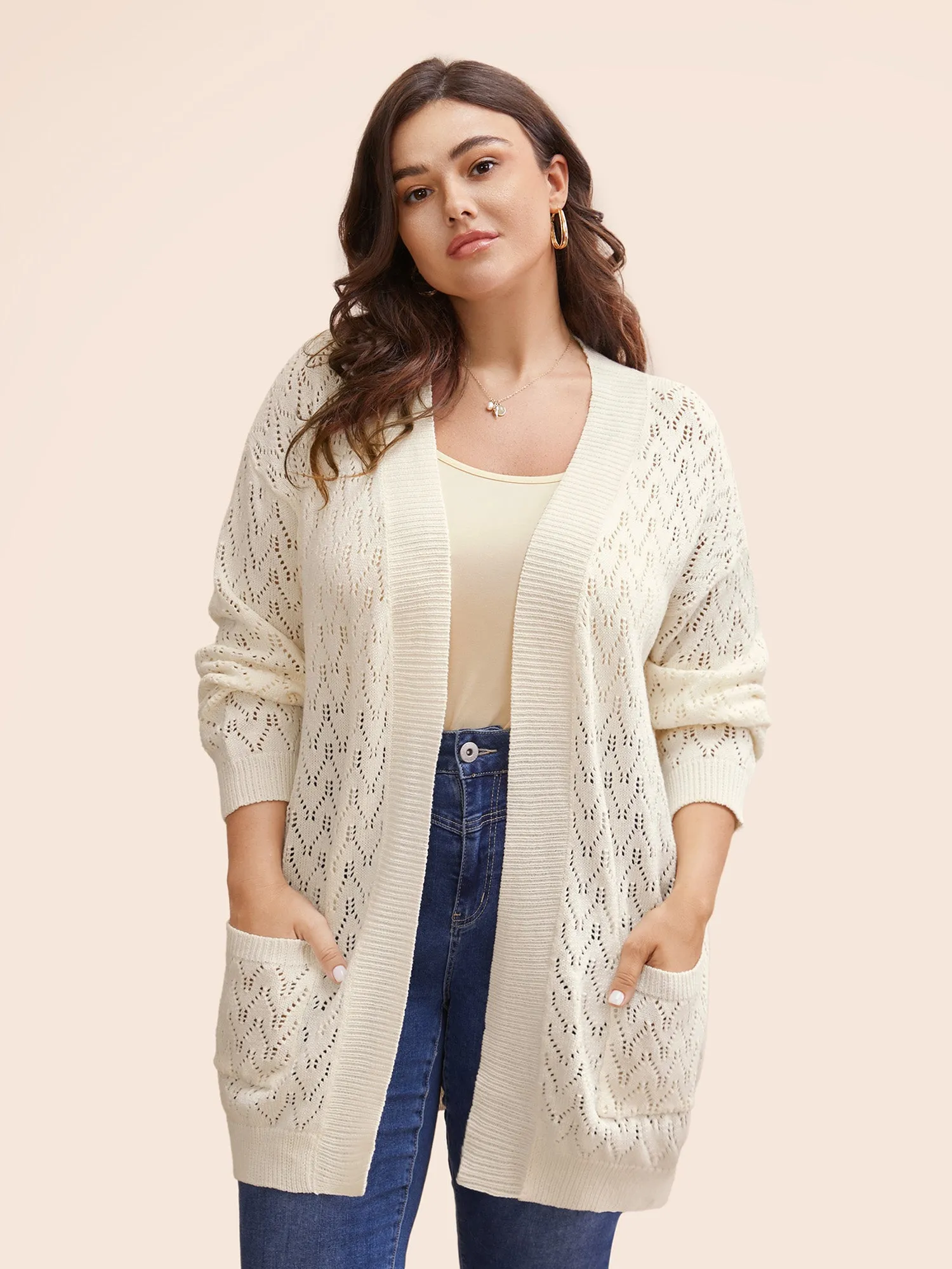 Kimono Collar Patch Pocket Pointelle Knit Cardigan sold by Bloomchic