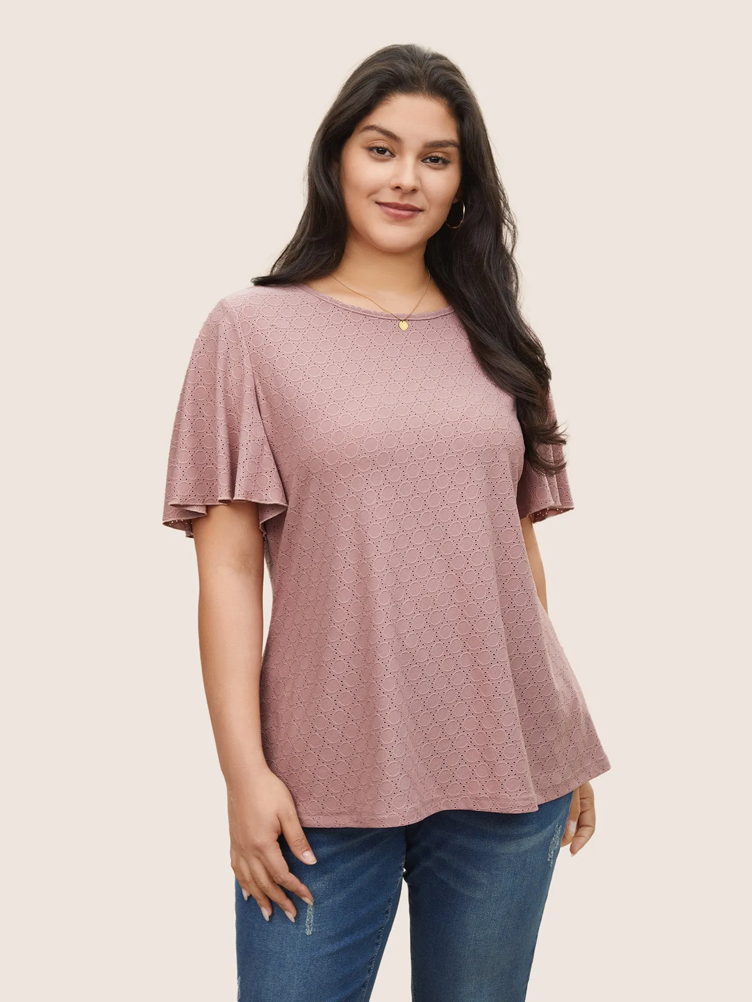 Plain Textured Geometric Flutter Sleeve T-shirt sold by Bloomchic