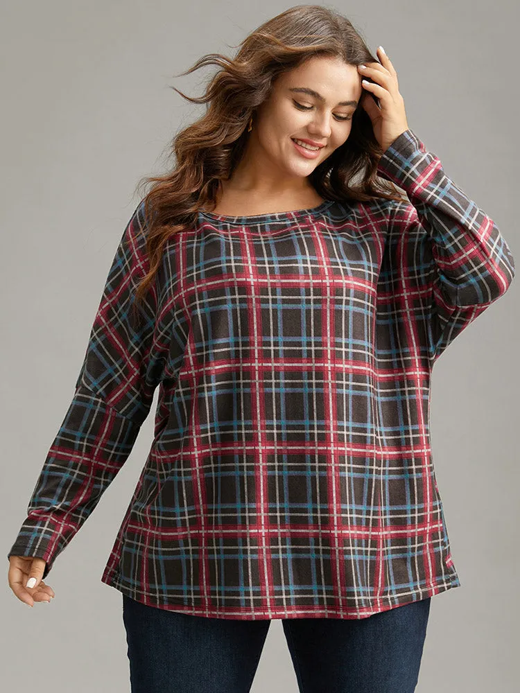 Plaid Dolman Sleeve Round Neck T-shirt sold by Bloomchic