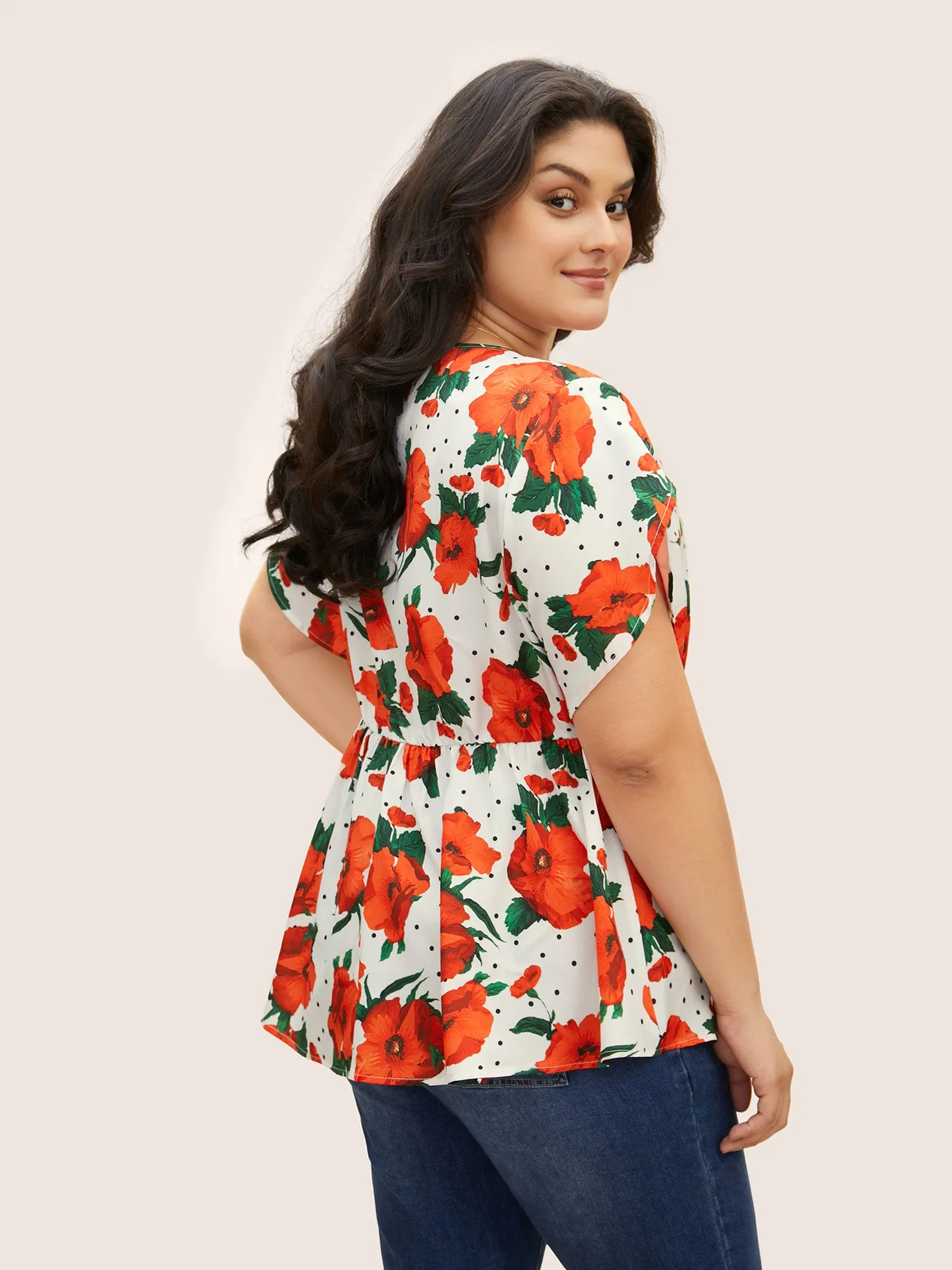 Overlap Collar Floral Elastic Waist Petal Sleeve Blouse sold by Bloomchic product image thumbnail 3