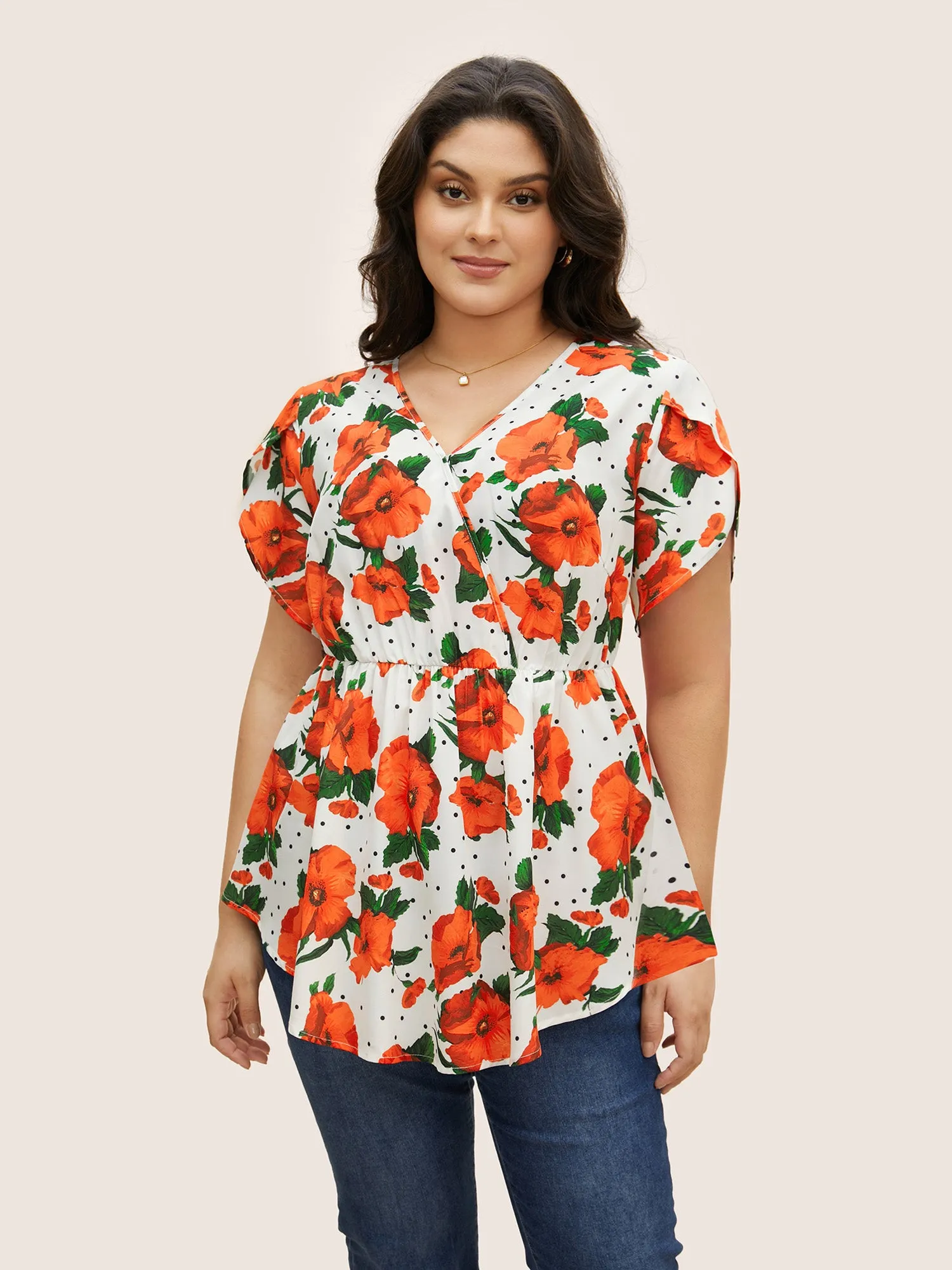 Overlap Collar Floral Elastic Waist Petal Sleeve Blouse sold by Bloomchic