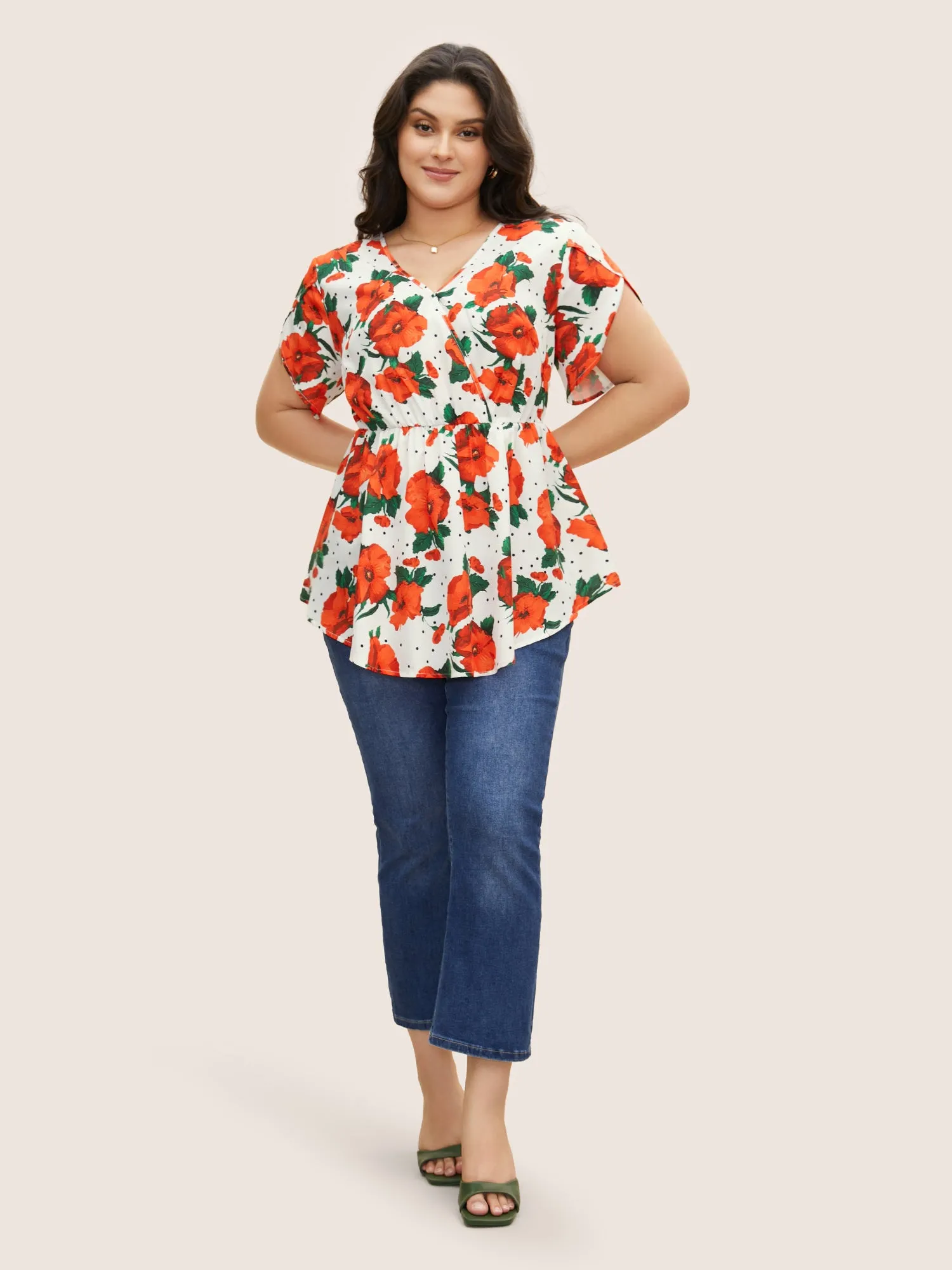 Overlap Collar Floral Elastic Waist Petal Sleeve Blouse sold by Bloomchic product image thumbnail 2