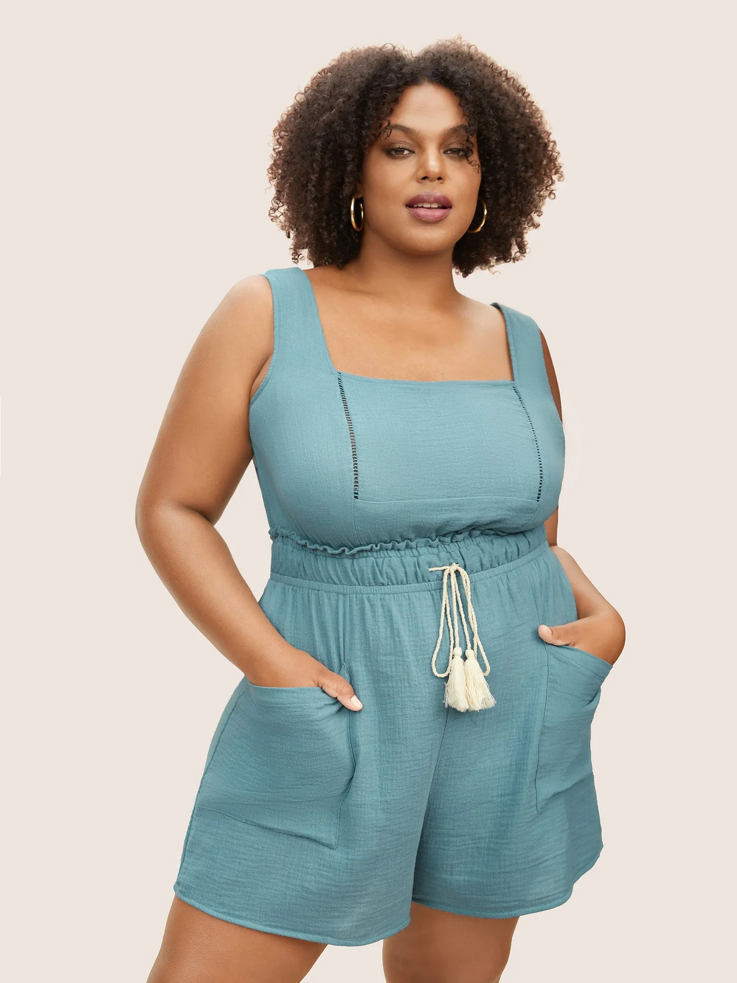 Square Neck Drawstring Frill Trim Tassels Jumpsuit sold by Bloomchic