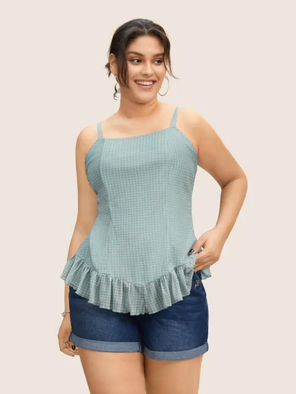 Gingham Adjustable Straps Ruffle Trim Cami Top sold by Bloomchic