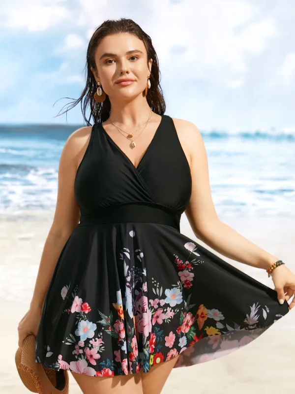 Overlap Collar Natural Flowers Gathered Swim Dress sold by Bloomchic