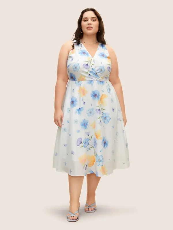 Overlap Collar Watercolor Floral Sleeveless Dress sold by Bloomchic