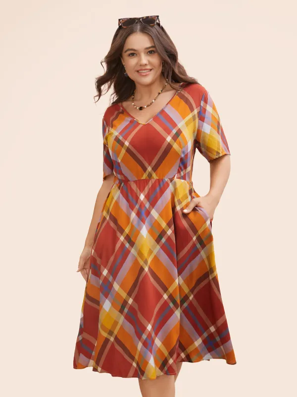 V Neck Plaid Ruffle Sleeve Dress sold by Bloomchic