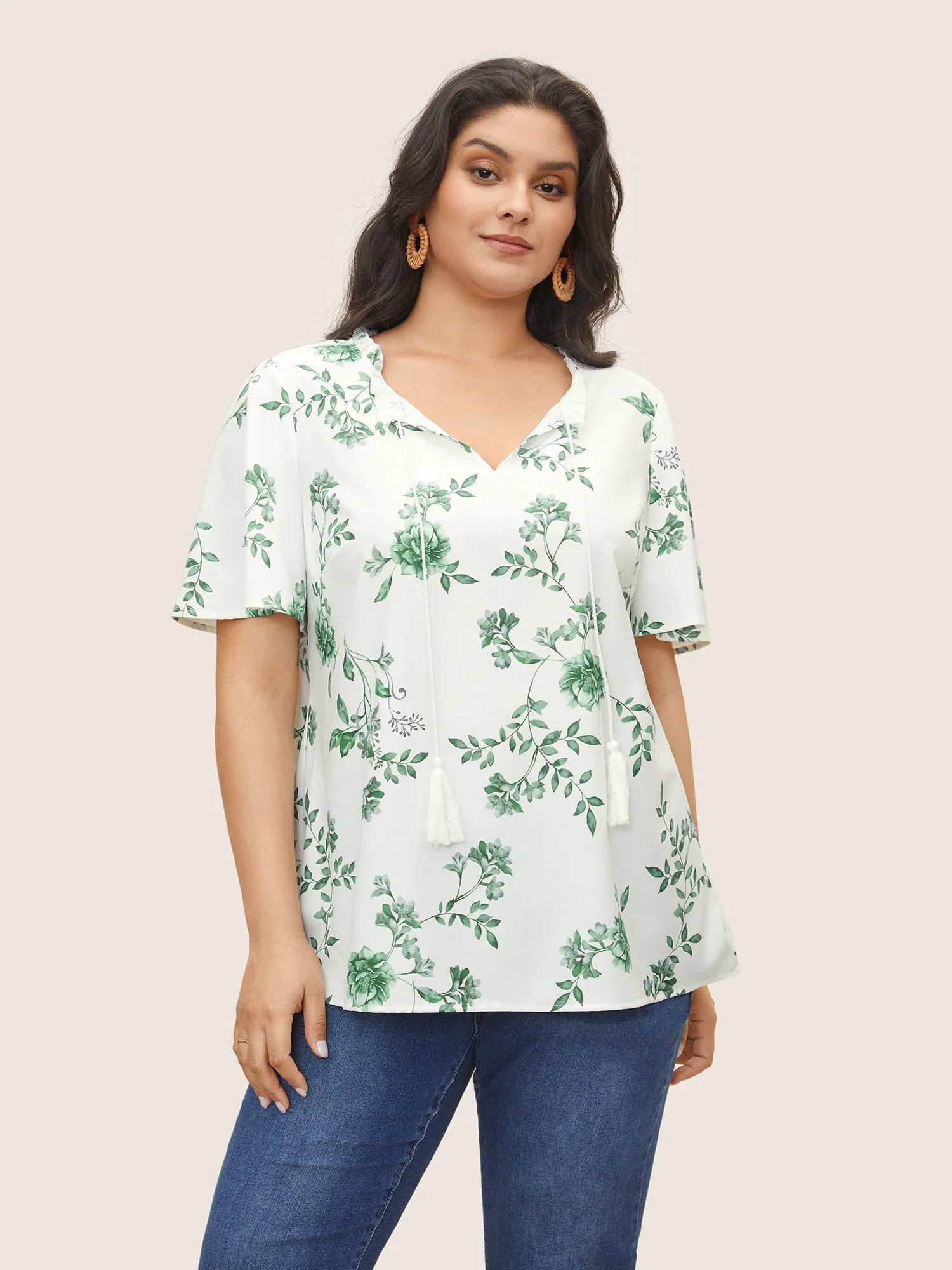 Floral Print Frill Trim Ties Tassels Blouse sold by Bloomchic