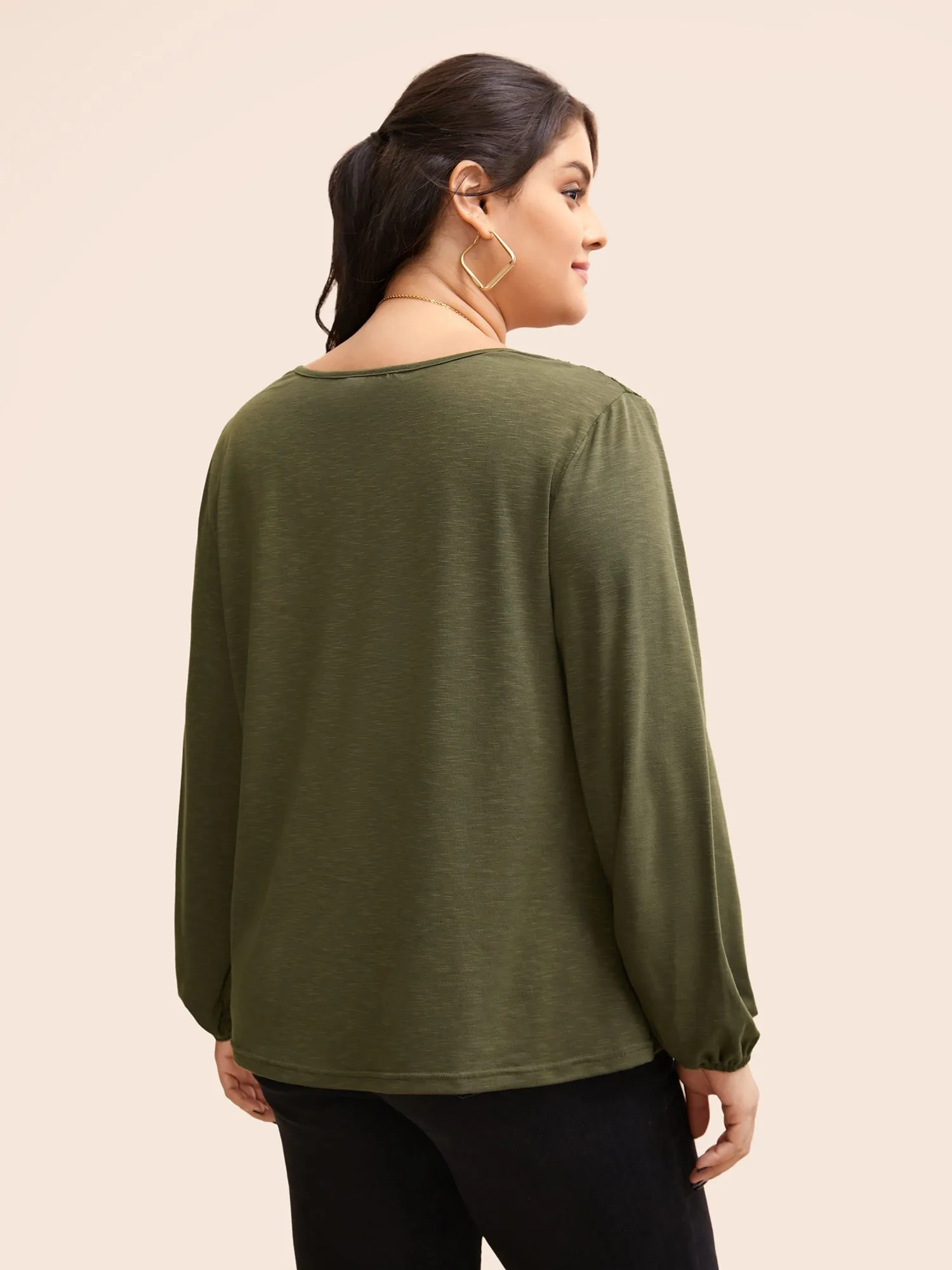 Notched Collar Lace Patchwork Gathered T-shirt sold by Bloomchic product image thumbnail 2