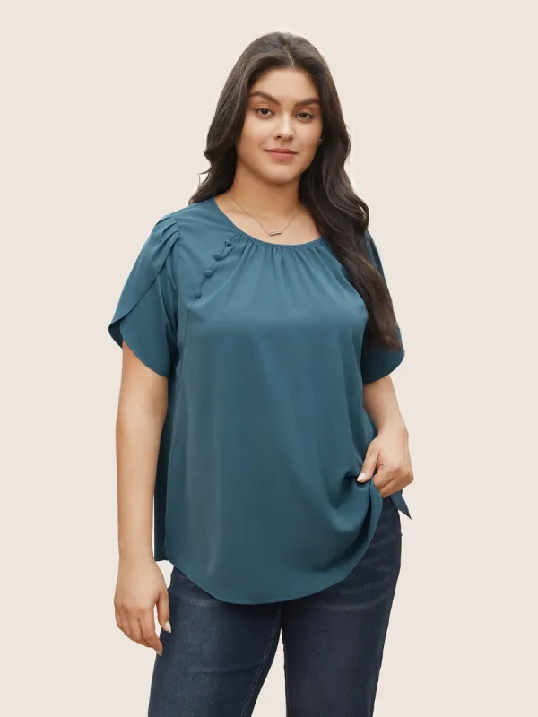 Solid Petal Sleeve Gathered Button Detail Blouse sold by Bloomchic